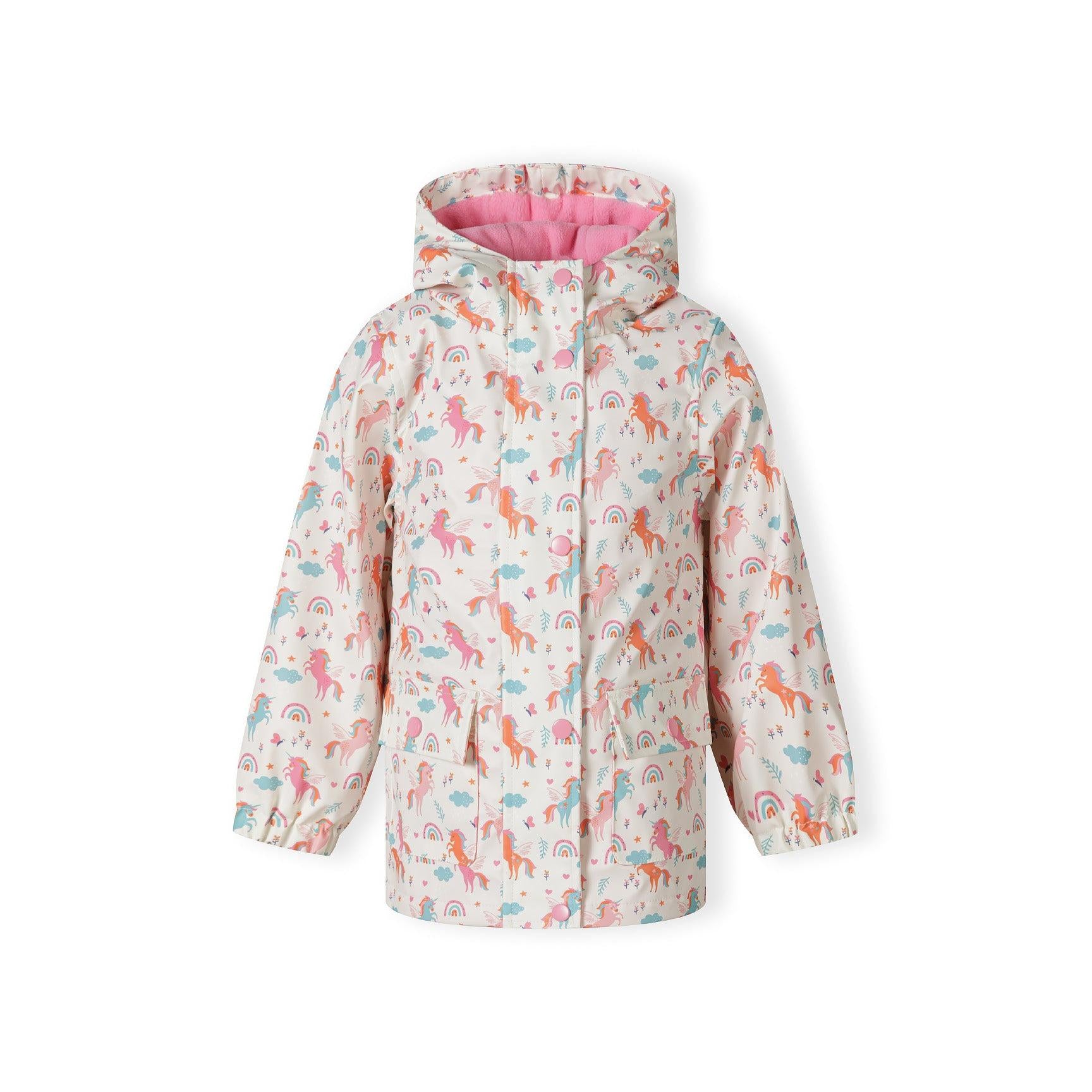 Back view of cream rain jacket showing unicorn and rainbow print pattern and hood detail
