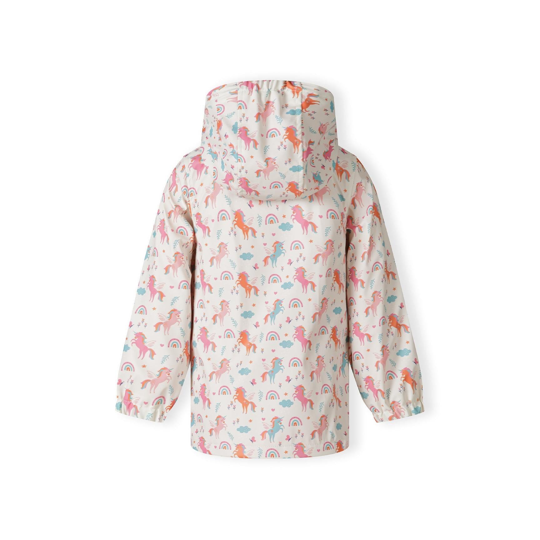Back view of cream rain jacket showing unicorn and rainbow print pattern and hood detail