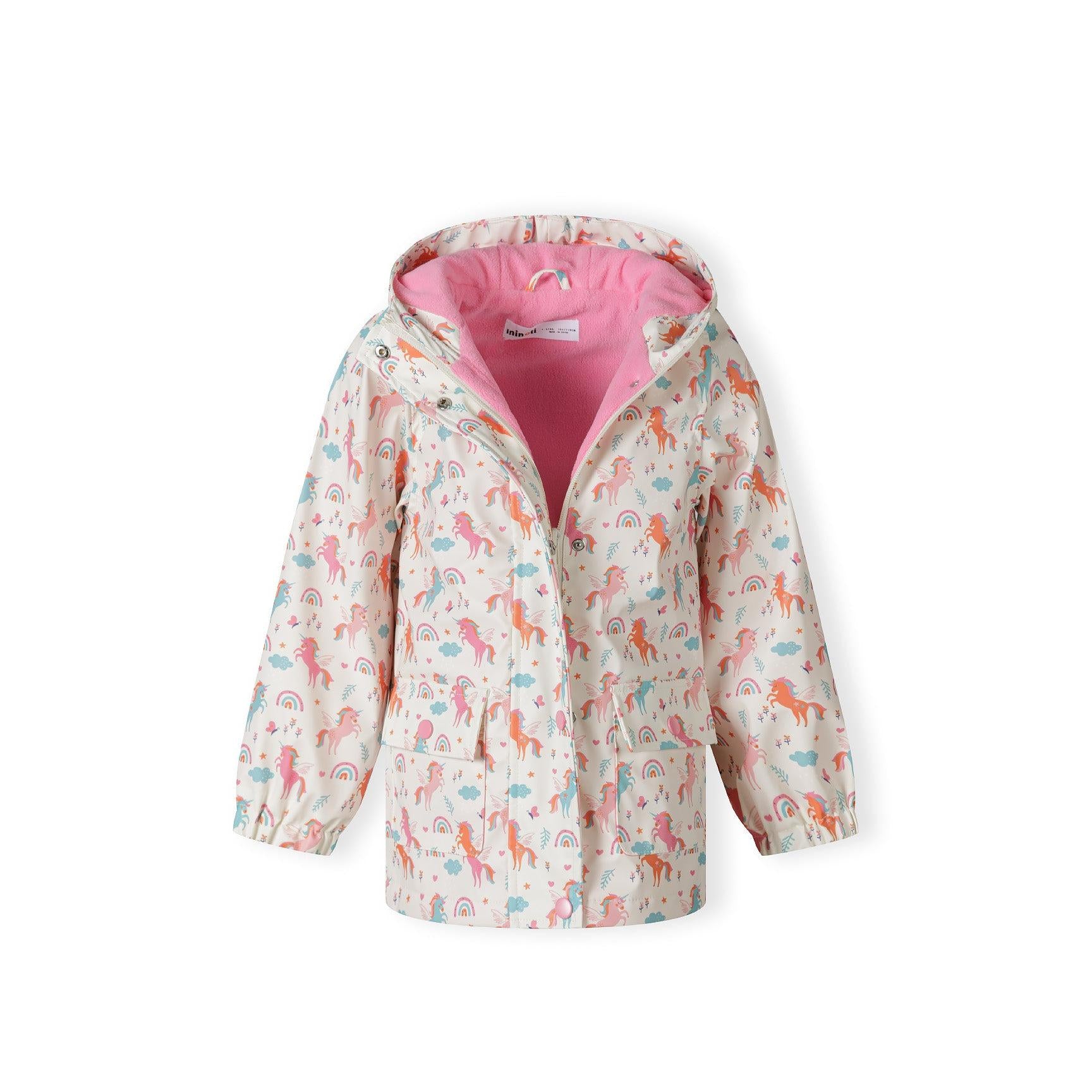 Open cream rain jacket displaying pink lining interior and unicorn print exterior with front zip closure
