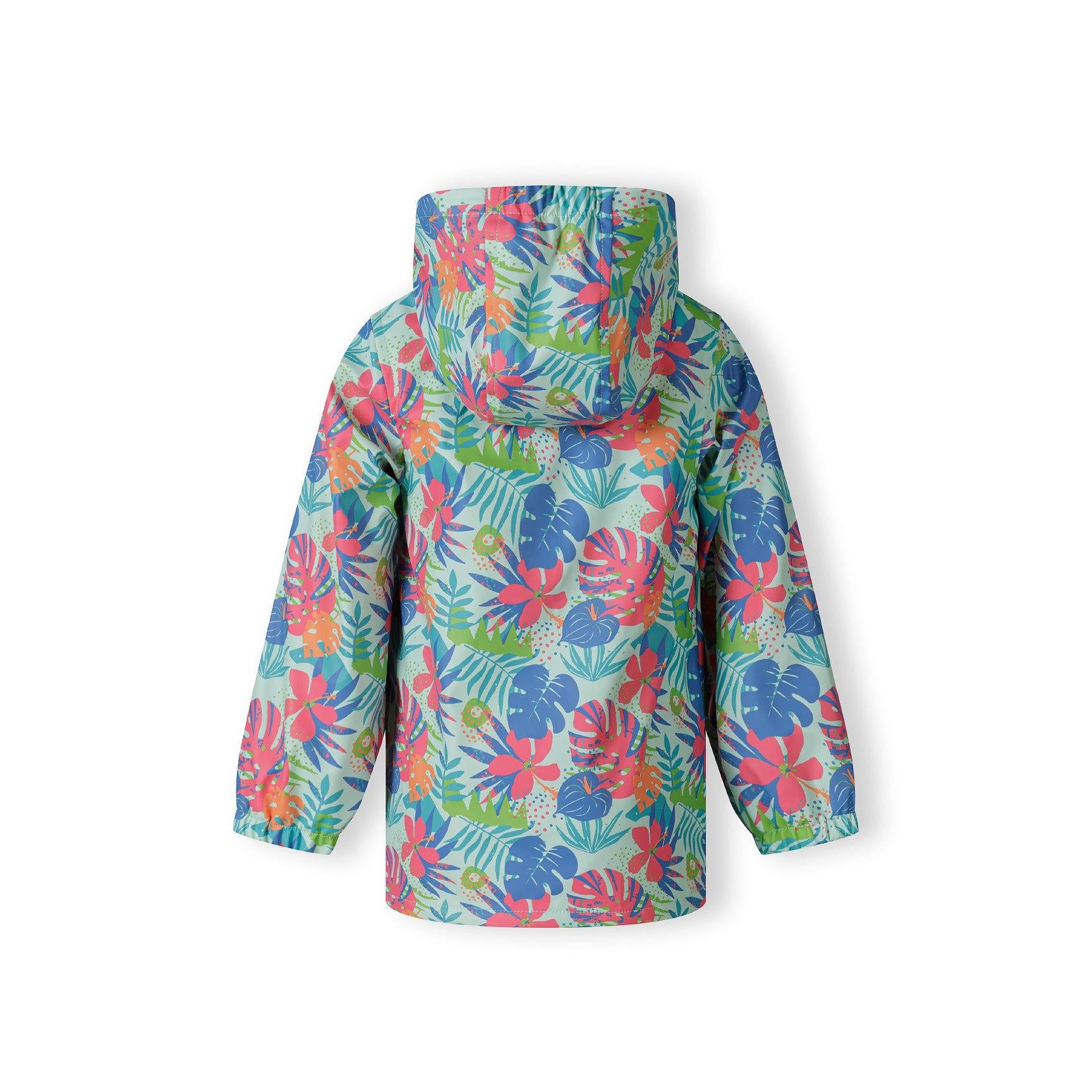 Back view of mint green rain jacket with tropical print featuring hibiscus flowers and palm leaves, hood up showing detailed pattern