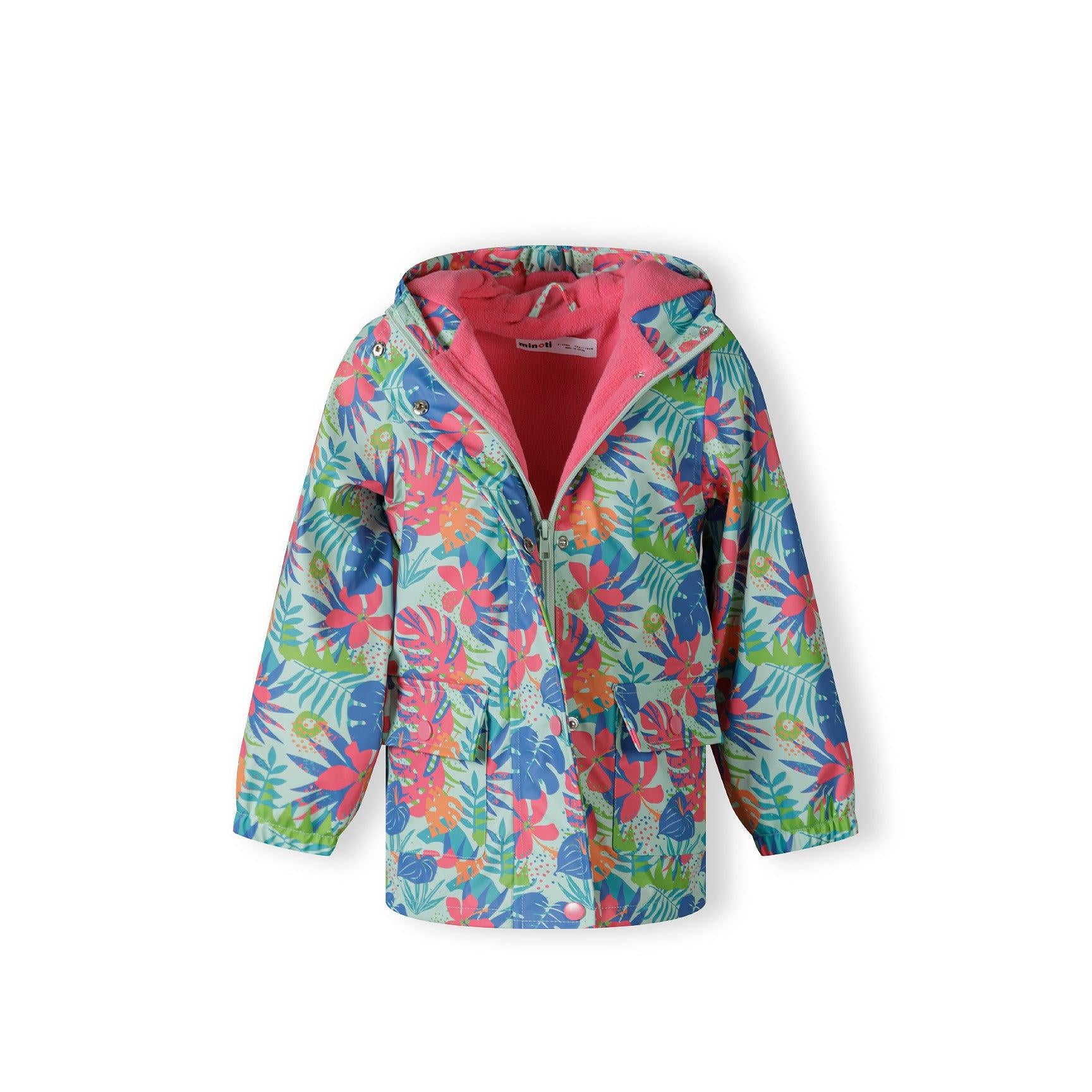 Front view of tropical print rain jacket with hood showing bright pink lining, zip fastening and snap button details against white background
