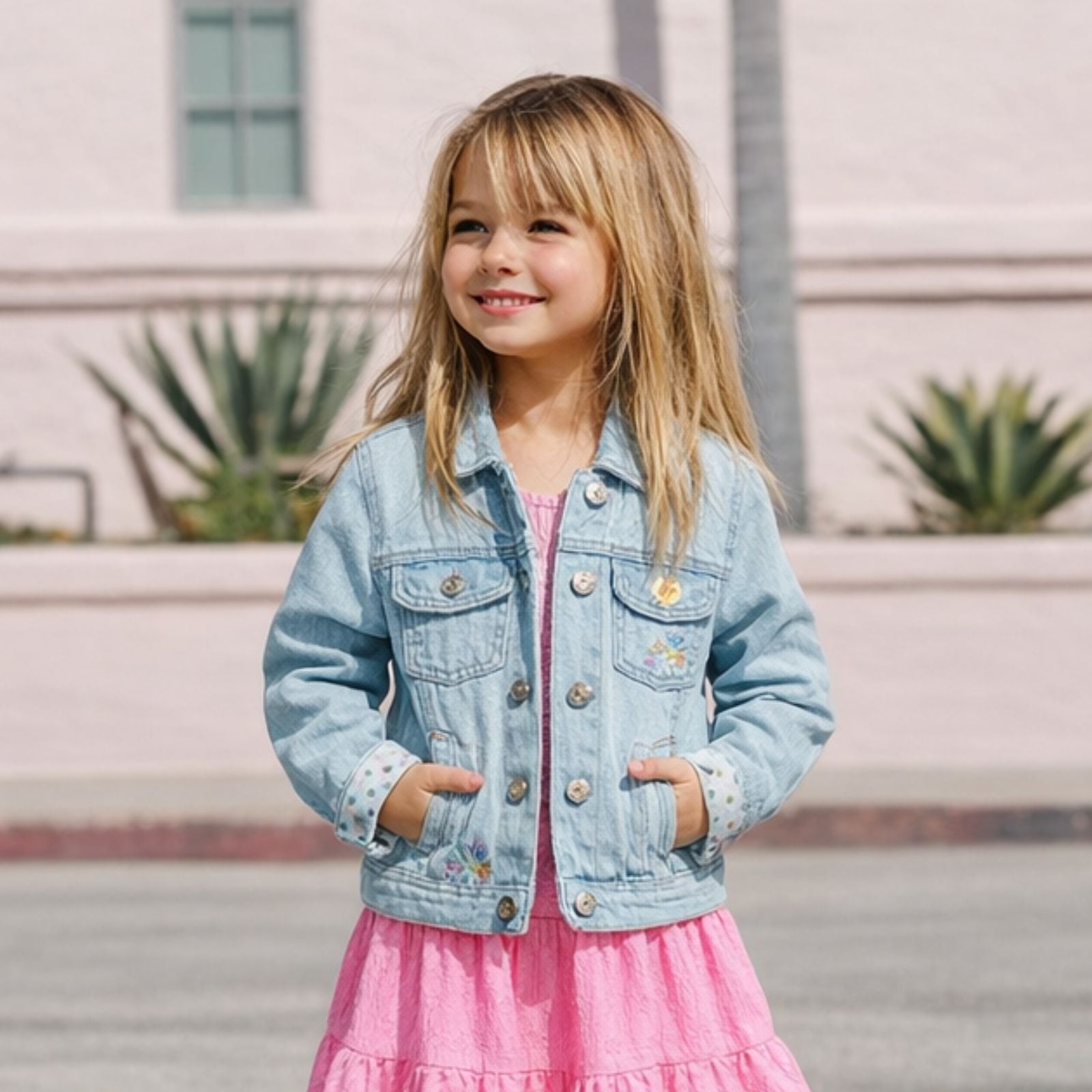 Young girl wearing a denim jacket and pink dress standing in front of a building with plants.