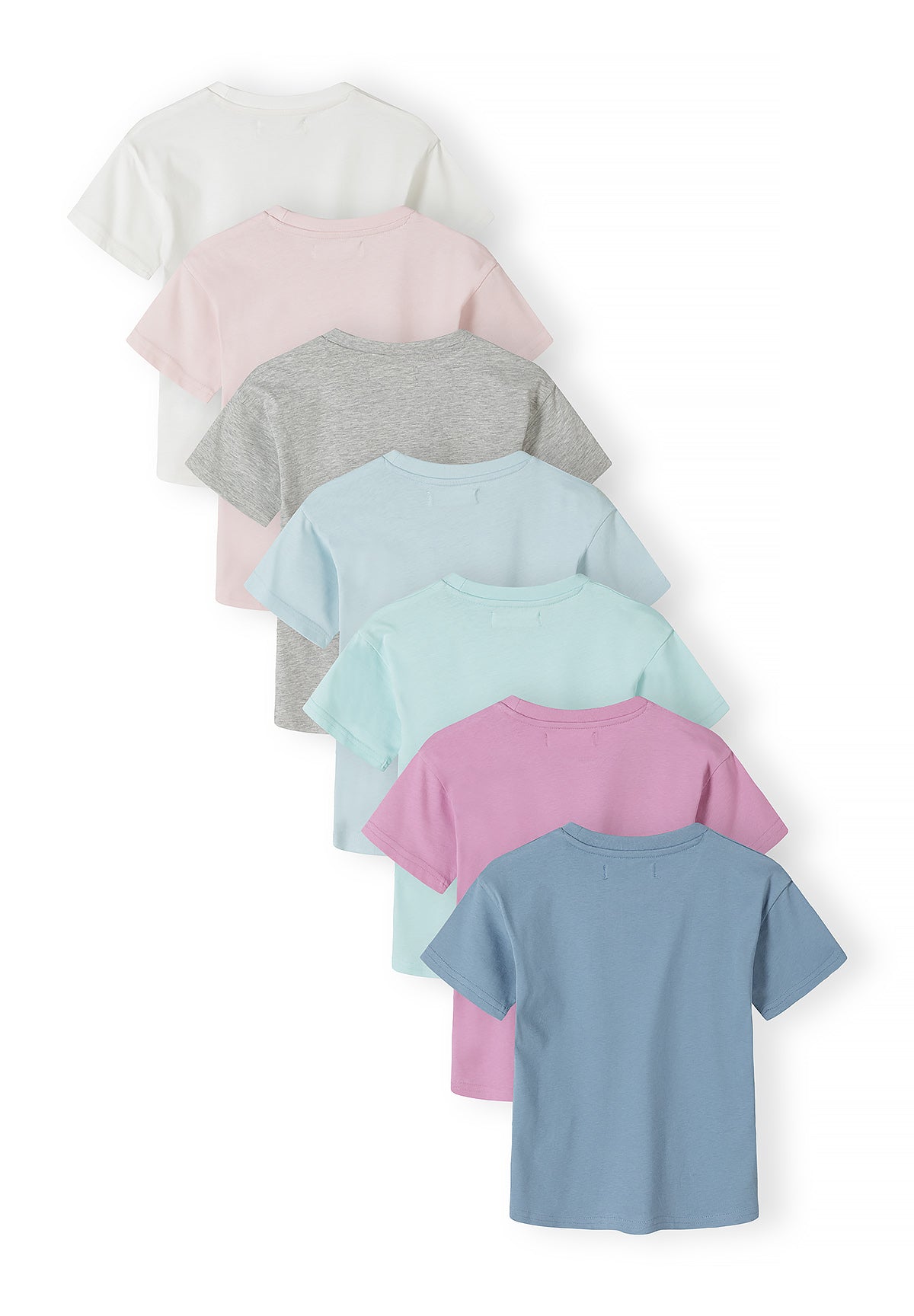 Single pale pink Minoti t-shirt with crew neck and short sleeves displayed flat on white background showing classic basic style