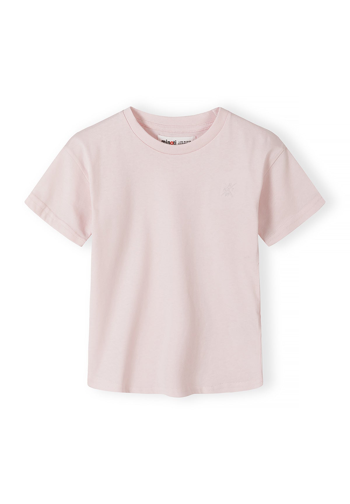 Single pale pink Minoti t-shirt with crew neck and short sleeves displayed flat on white background showing classic basic style