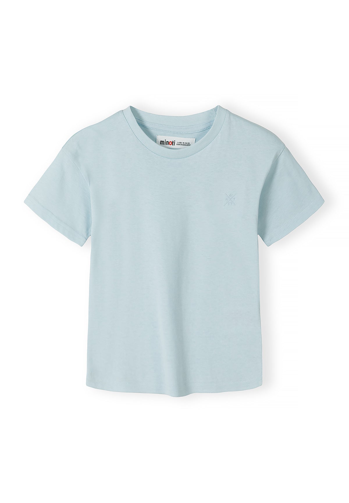 Close-up detail of dusty blue Minoti t-shirt showing crew neckline with brand label and small embroidered cross logo on chest