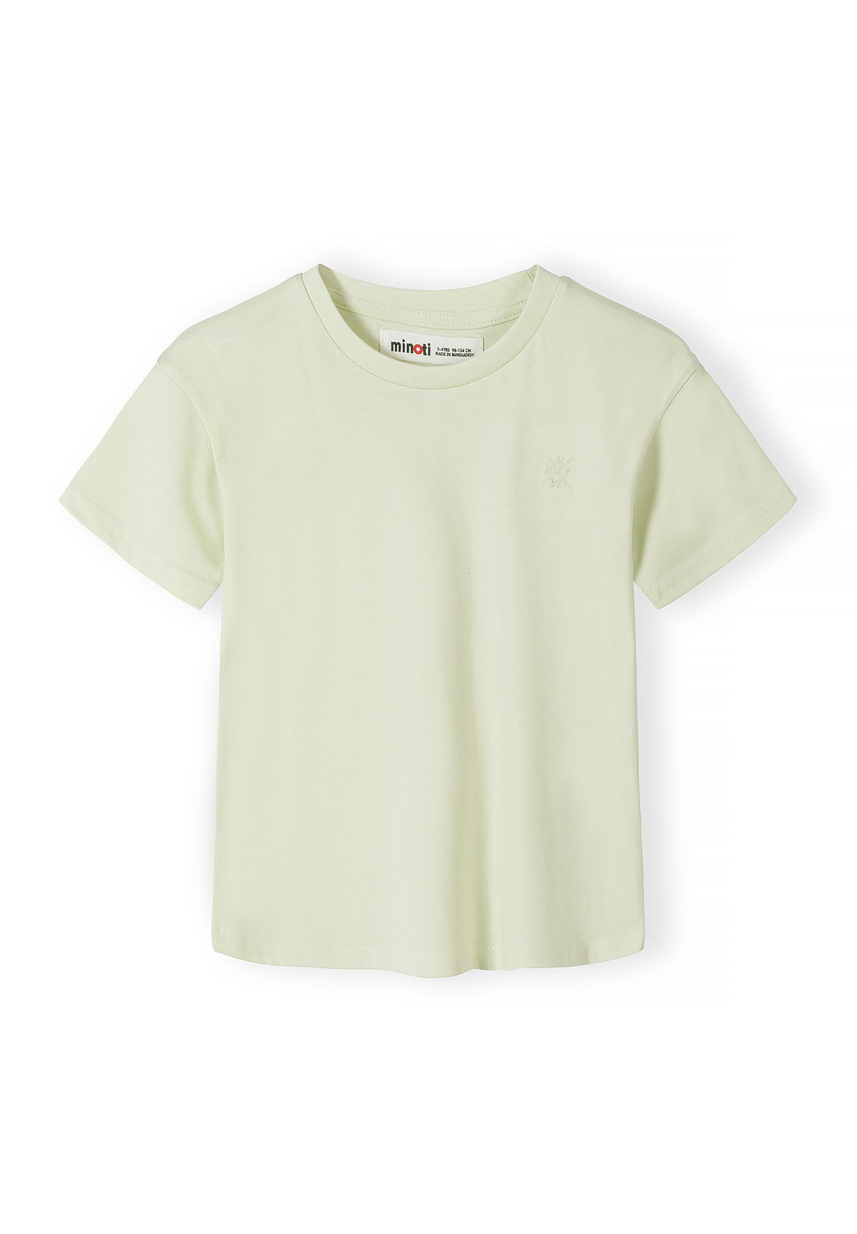 Single light green cotton t-shirt with short sleeves and crew neck showing Minoti label at neckline against white background