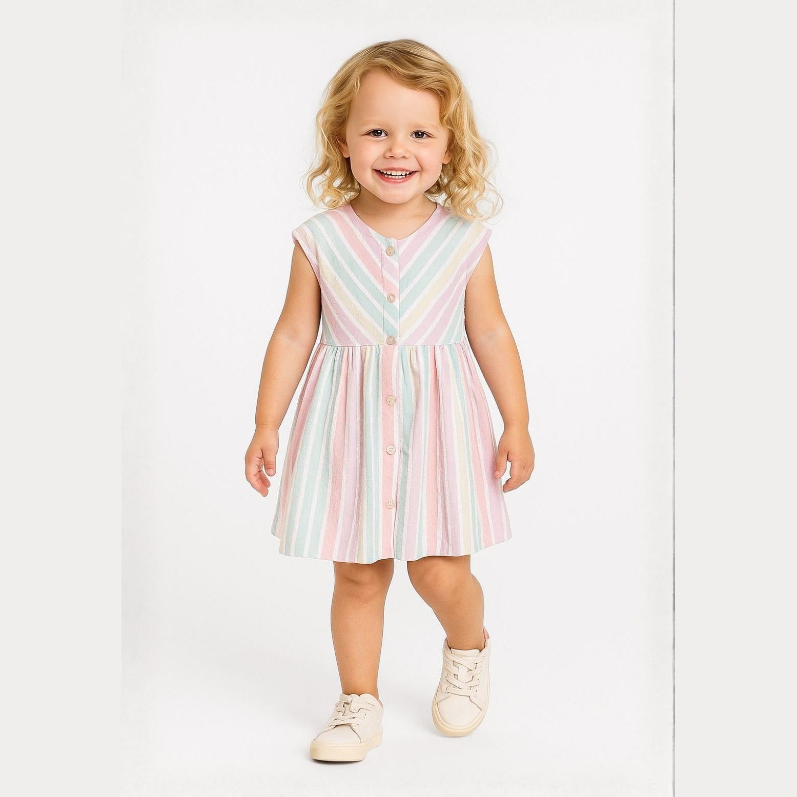Young blonde girl wearing multicoloured striped cotton dress with button front and cap sleeves, smiling against white background