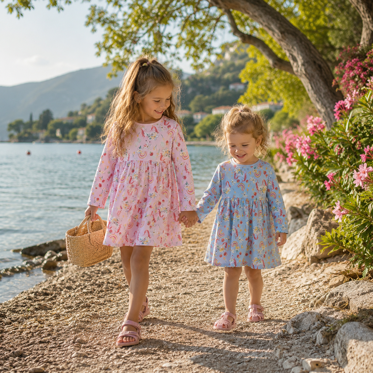 Two young girls walking hand in hand along a lakeshore path, wearing matching long-sleeve floral dresses in pink and blue. One girl holds a woven straw basket.