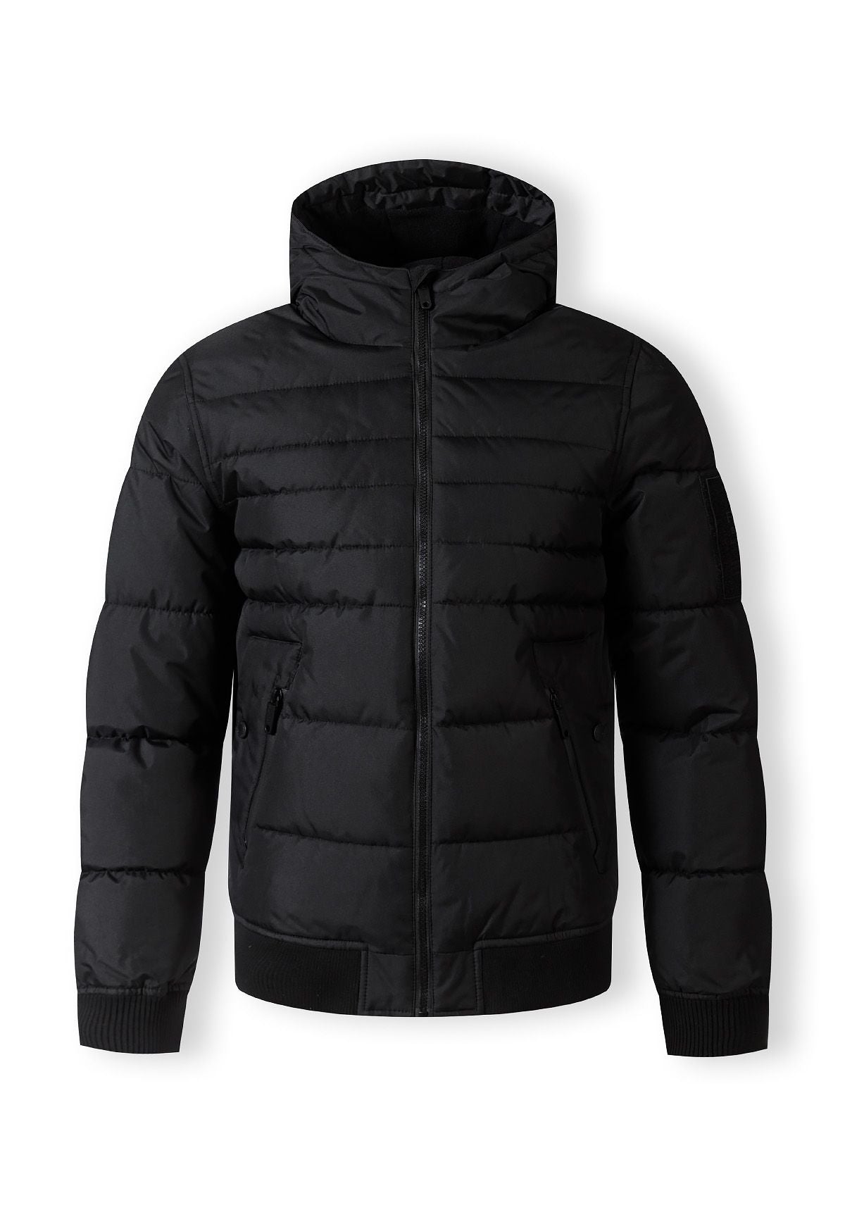 Front of a black puffer jacket.
