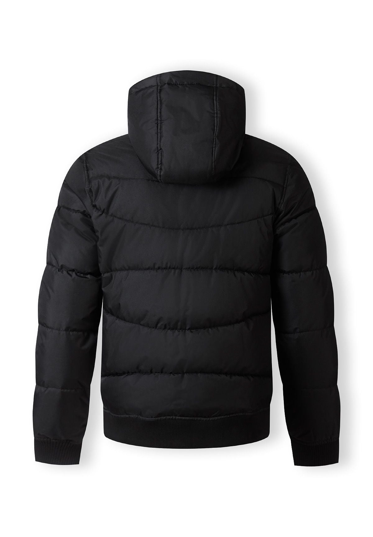 Back view of a black hooded padded jacket for men, featuring ribbed cuffs and hem.