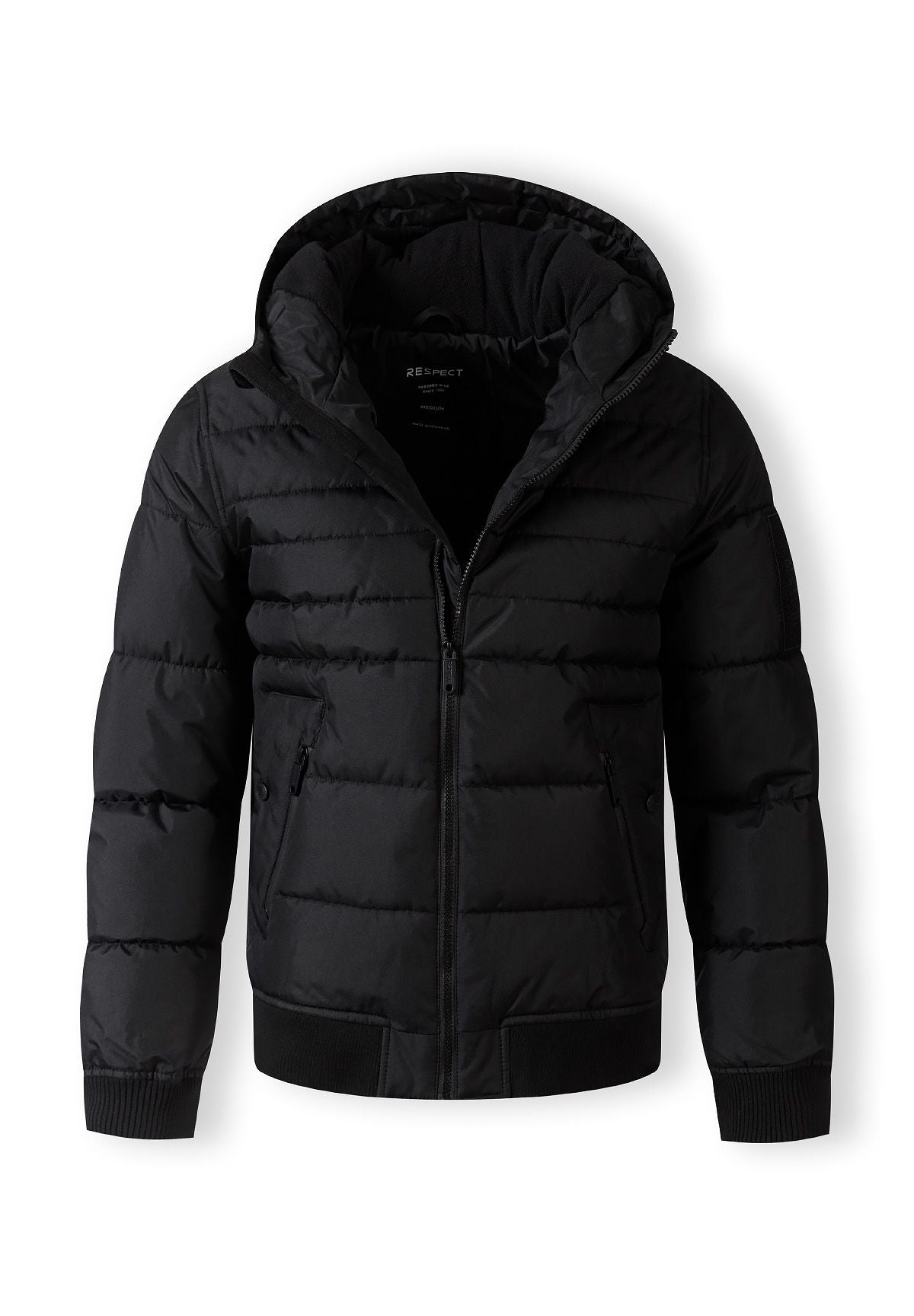 Men's hooded padded jacket in black, front view with ribbed cuffs and hem, features front pockets and badge.