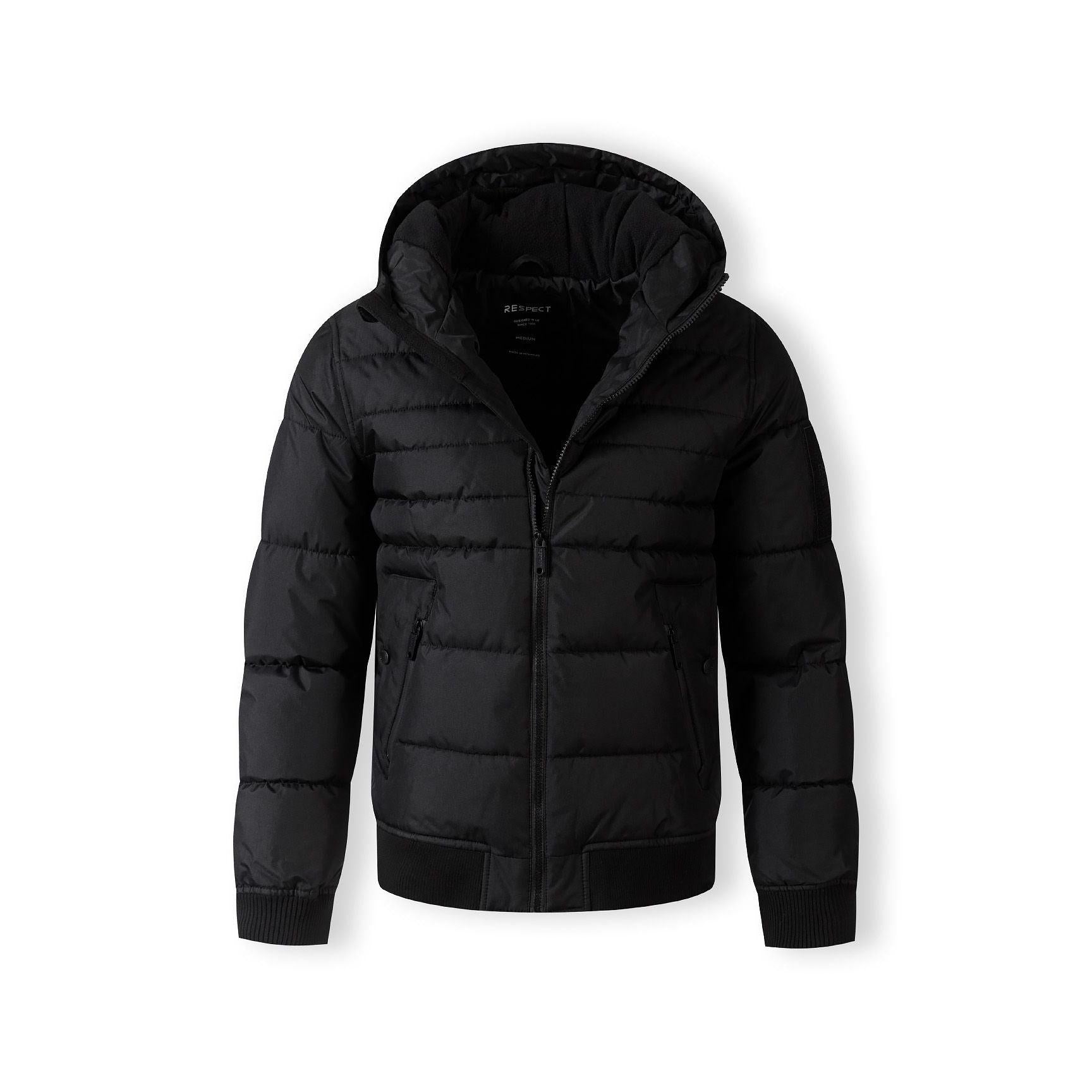 Black padded jacket laid flat showing quilted pattern, hood design, front zip closure and ribbed hem and cuffs against white background