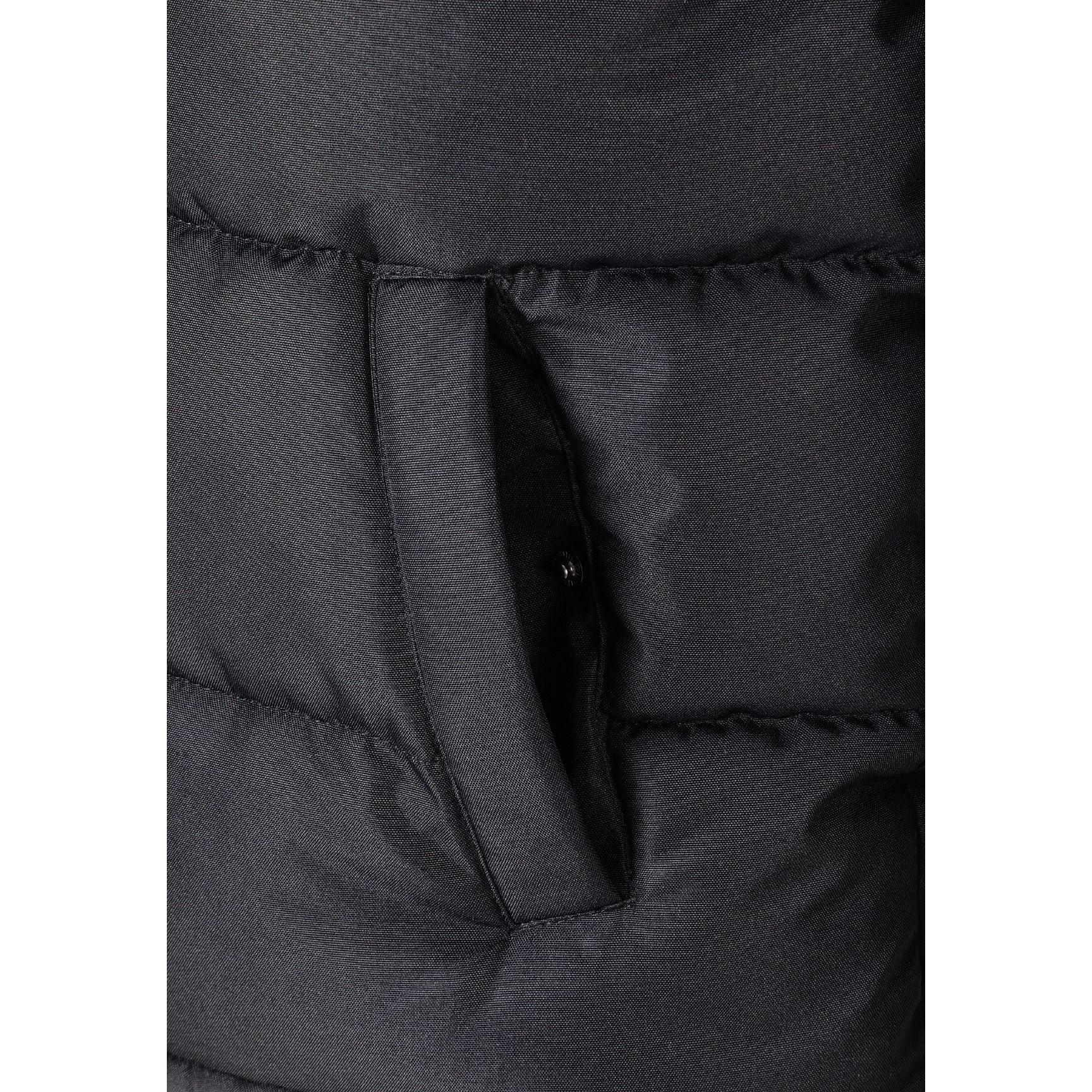 Close-up detail of black jacket showing brown faux fur hood trim, zip closure and quilted padded fabric texture