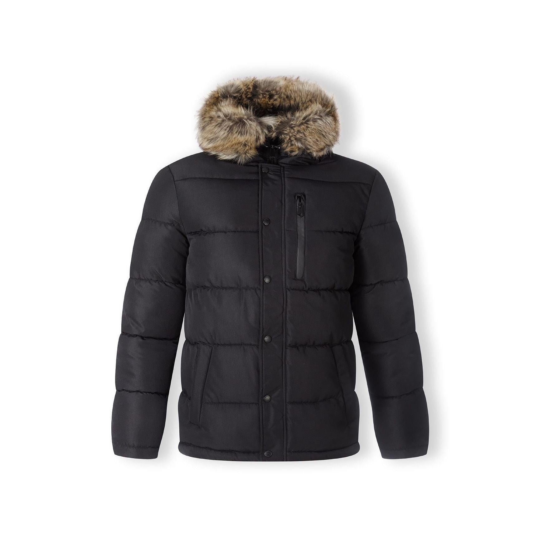 Black padded jacket laid flat showing quilted construction, faux fur hood trim and front zip closure on white background