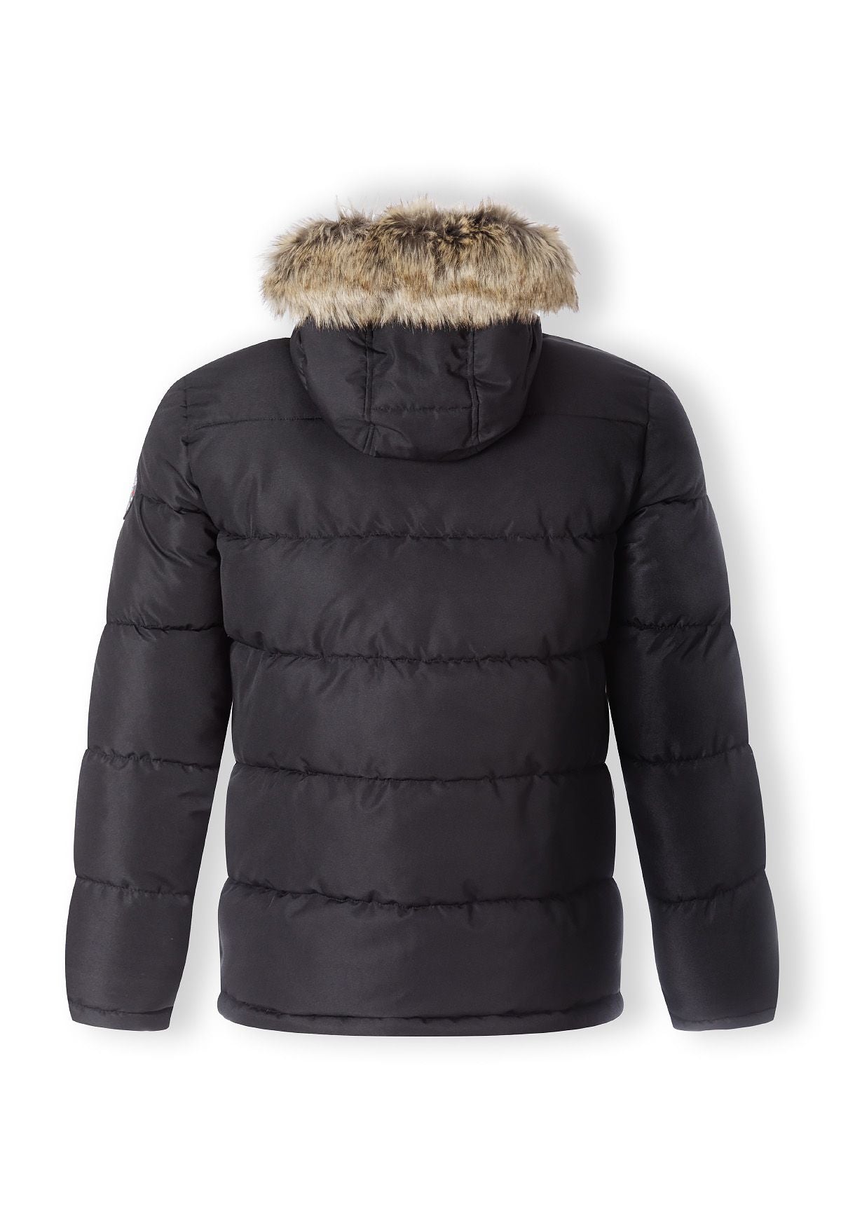 Men's padded jacket in black, back view with faux fur trim on hood.