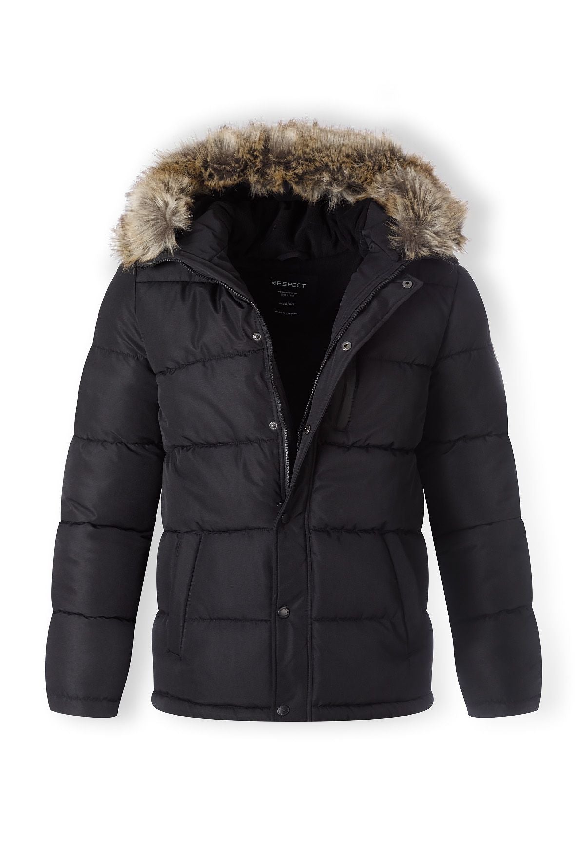 Men's black padded jacket with faux fur trim, front view, featuring a hood and zip chest pocket.