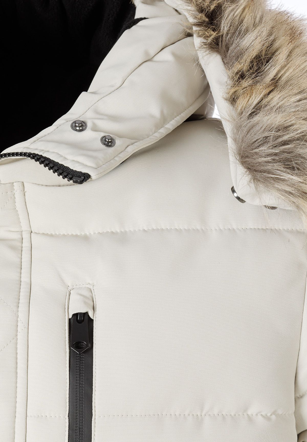 Close-up of a men's padded jacket with faux fur trim, featuring a zippered chest pocket and fitted cuffs.