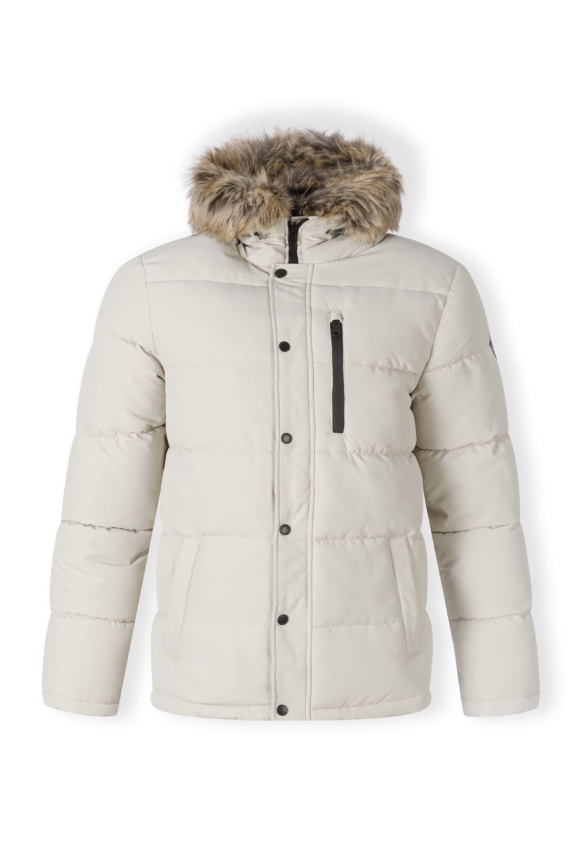 Front of a cream puffer jacket.