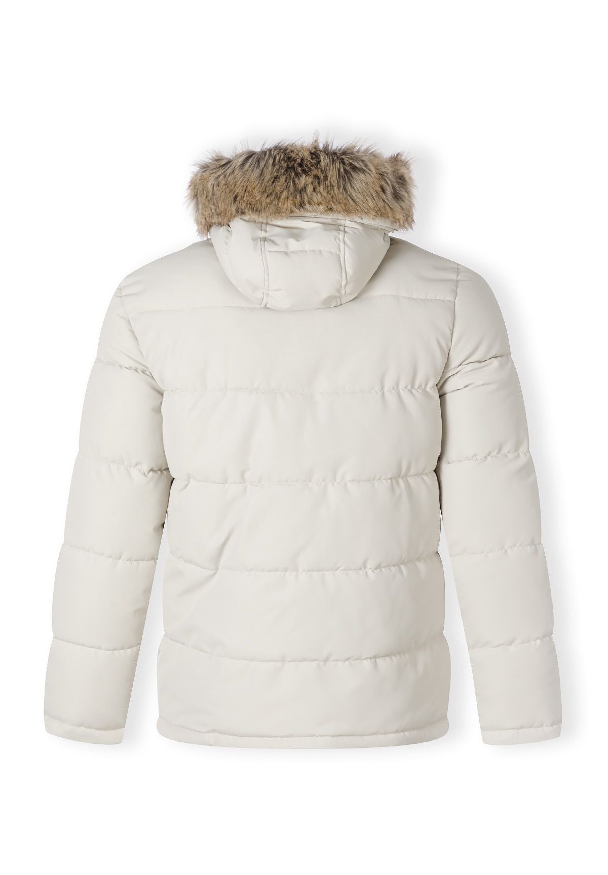 Men's padded jacket in light grey with faux fur trim, back view, featuring a hood.