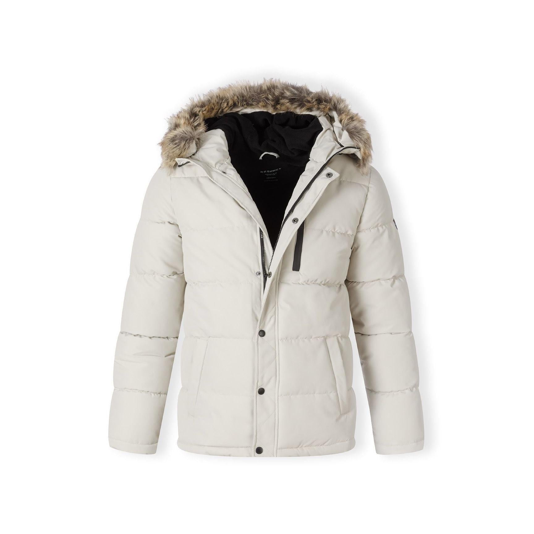 Grey padded jacket laid flat showing full design with faux fur hood trim and black interior lining