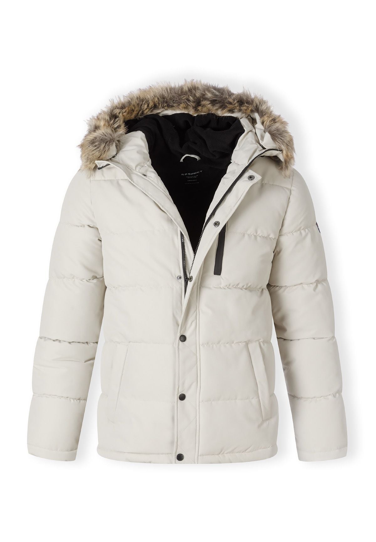 Men's padded jacket in light grey with faux fur hood, front view, features zippered chest pocket and fitted cuffs.