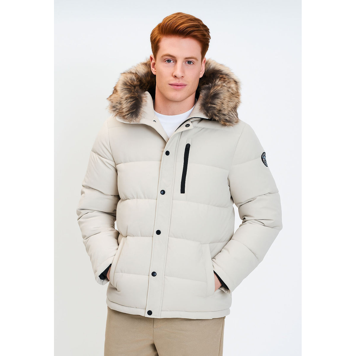 Men's puffer jacket in cream — complete product view for square Shop card