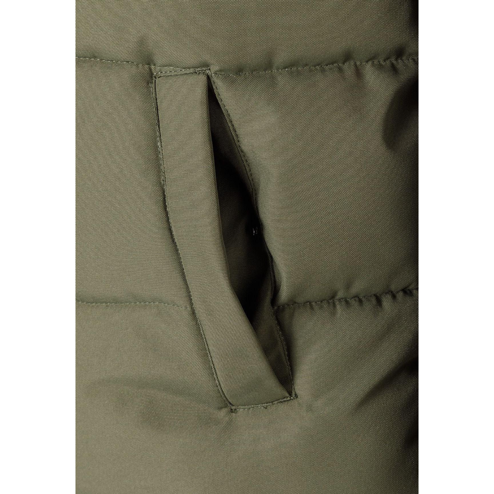 Close-up detail of khaki padded jacket showing zip chest pocket, quilted stitching pattern and faux fur hood trim