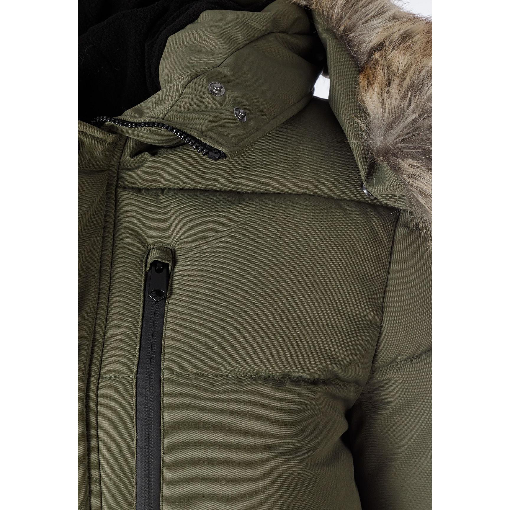 Close-up detail of khaki padded jacket showing zip chest pocket, quilted stitching pattern and faux fur hood trim