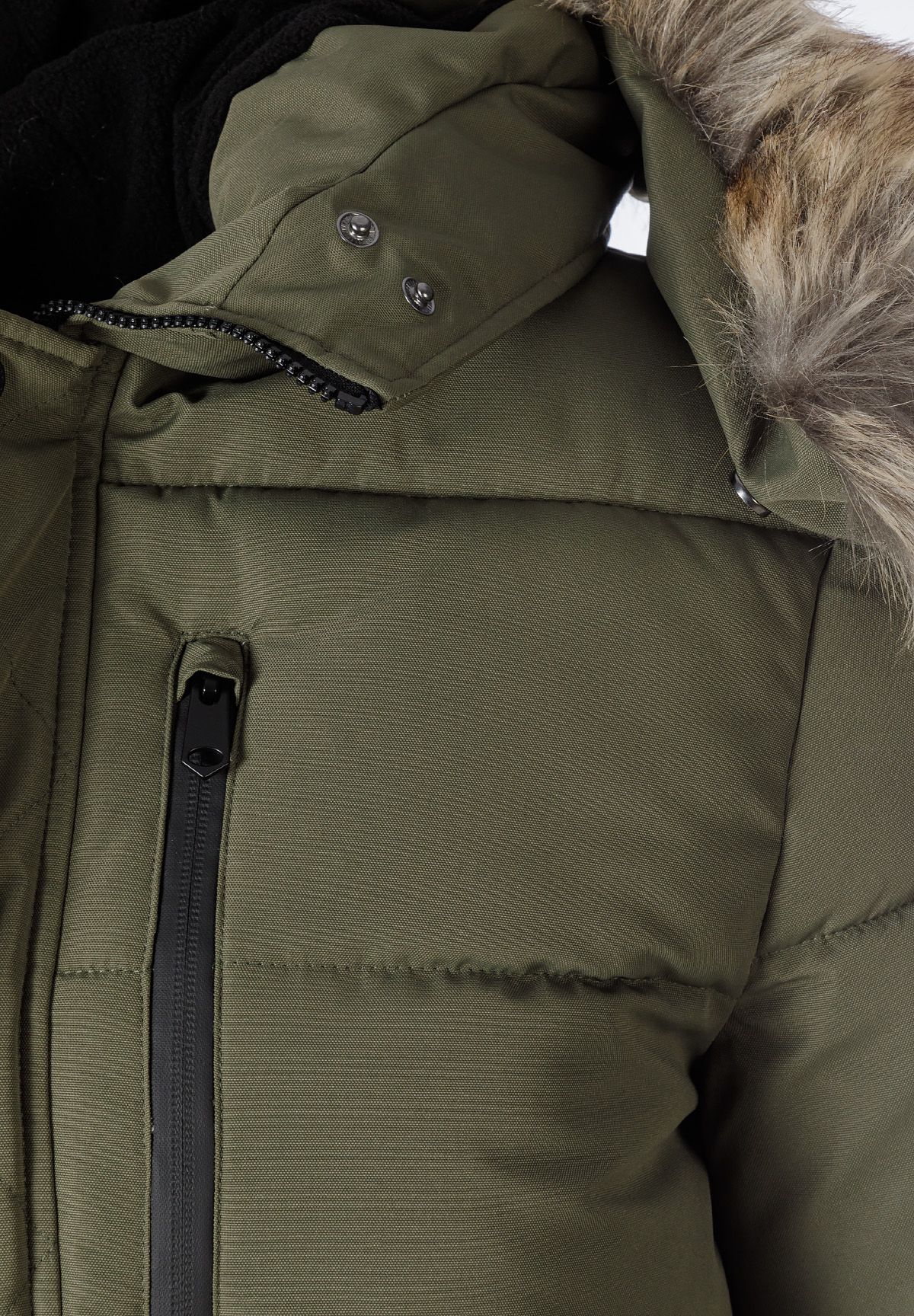Close-up of a khaki men's padded jacket featuring a faux fur trim hood and zip chest pocket.