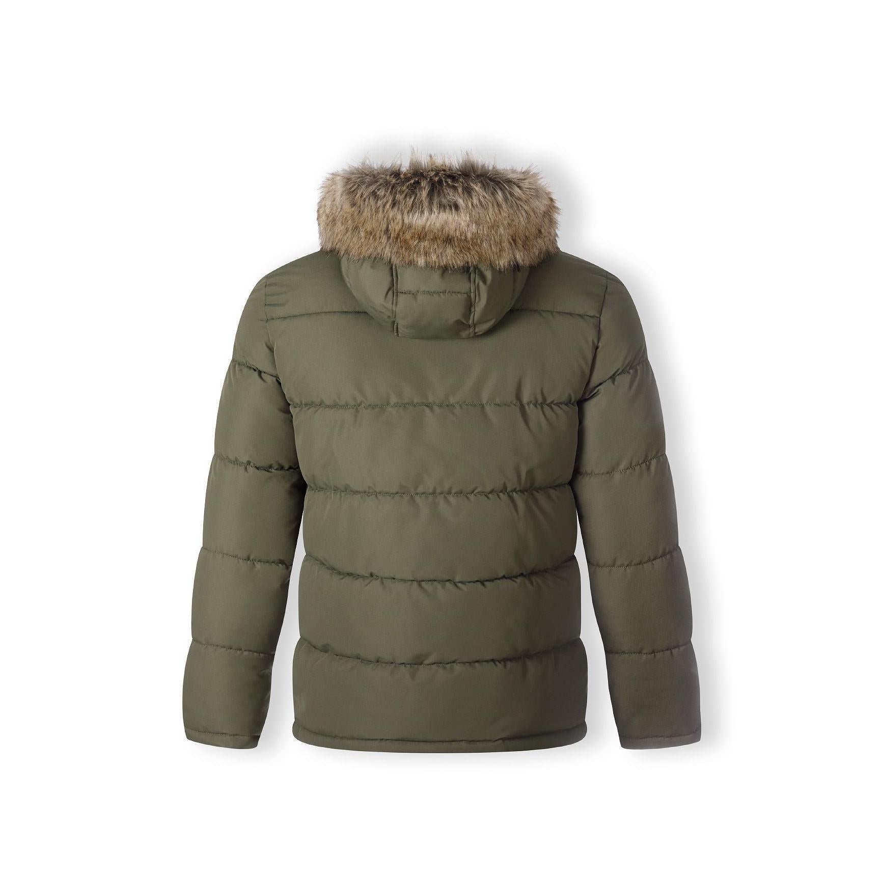 Close-up detail of khaki padded jacket showing zip chest pocket, quilted stitching pattern and faux fur hood trim