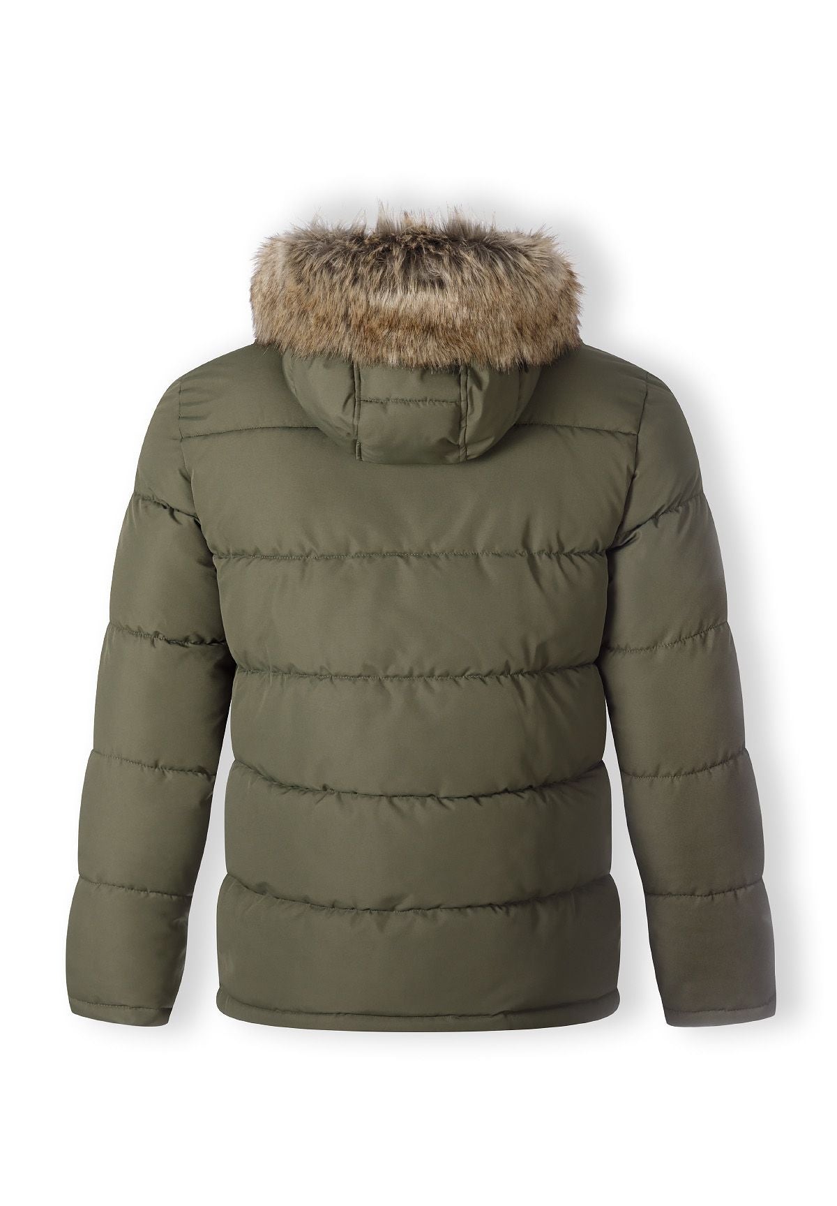 Men's khaki padded jacket with faux fur trim, back view, featuring ribbed cuffs and a hood.