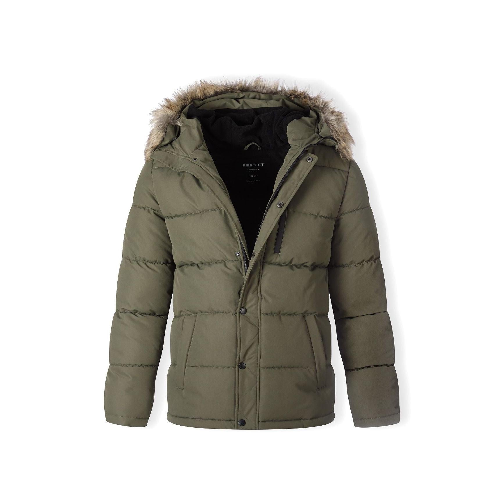 Khaki padded jacket laid flat showing front view with faux fur hood trim, snap button closure and quilted construction on white background