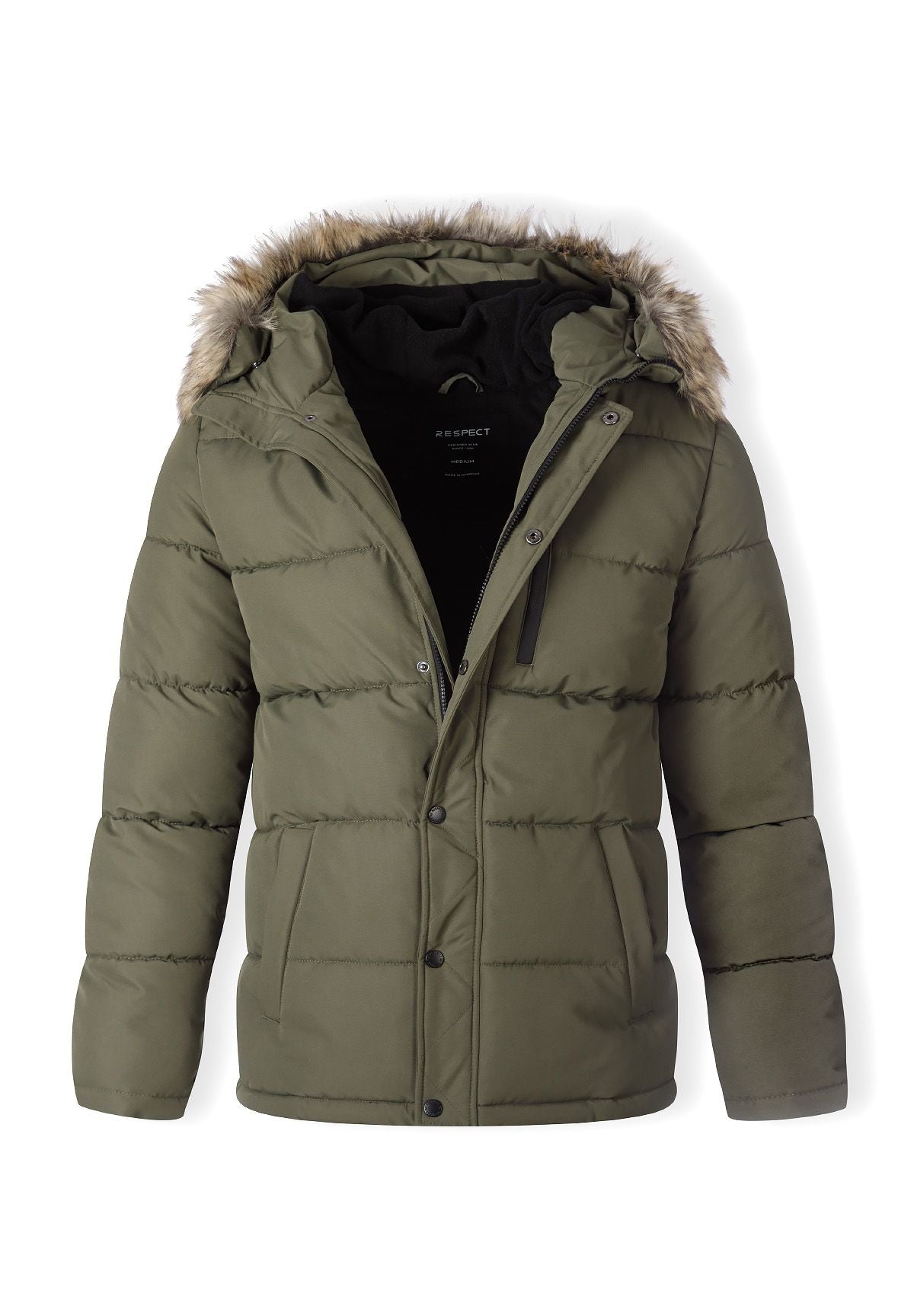 Men's khaki padded jacket with faux fur trim, front view, featuring a hood and zip chest pocket.