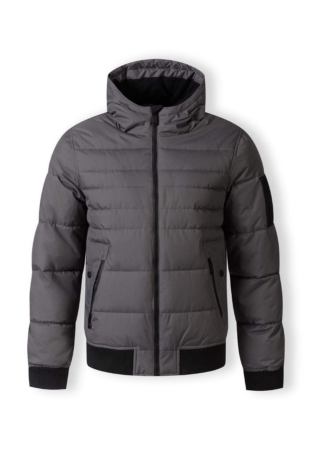 Front of a grey puffer jacket.