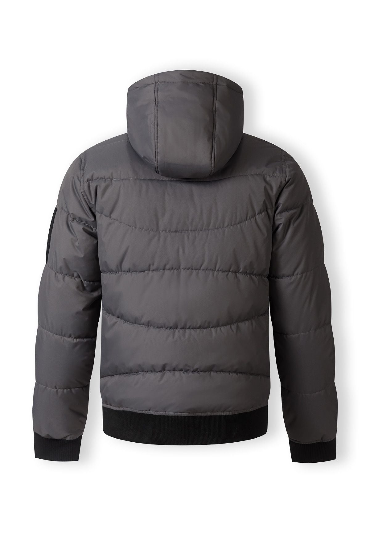 Back view of a grey padded men's jacket with a hood and ribbed cuffs.