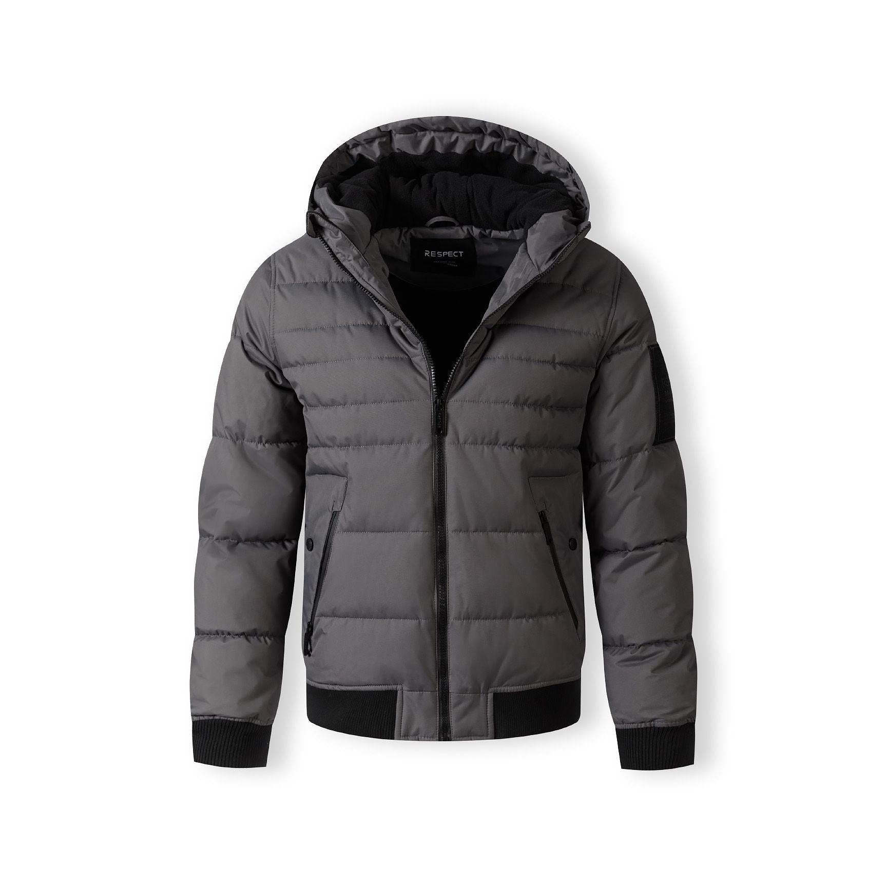 Grey padded jacket laid flat showing front view with hood, zip closure and side pockets