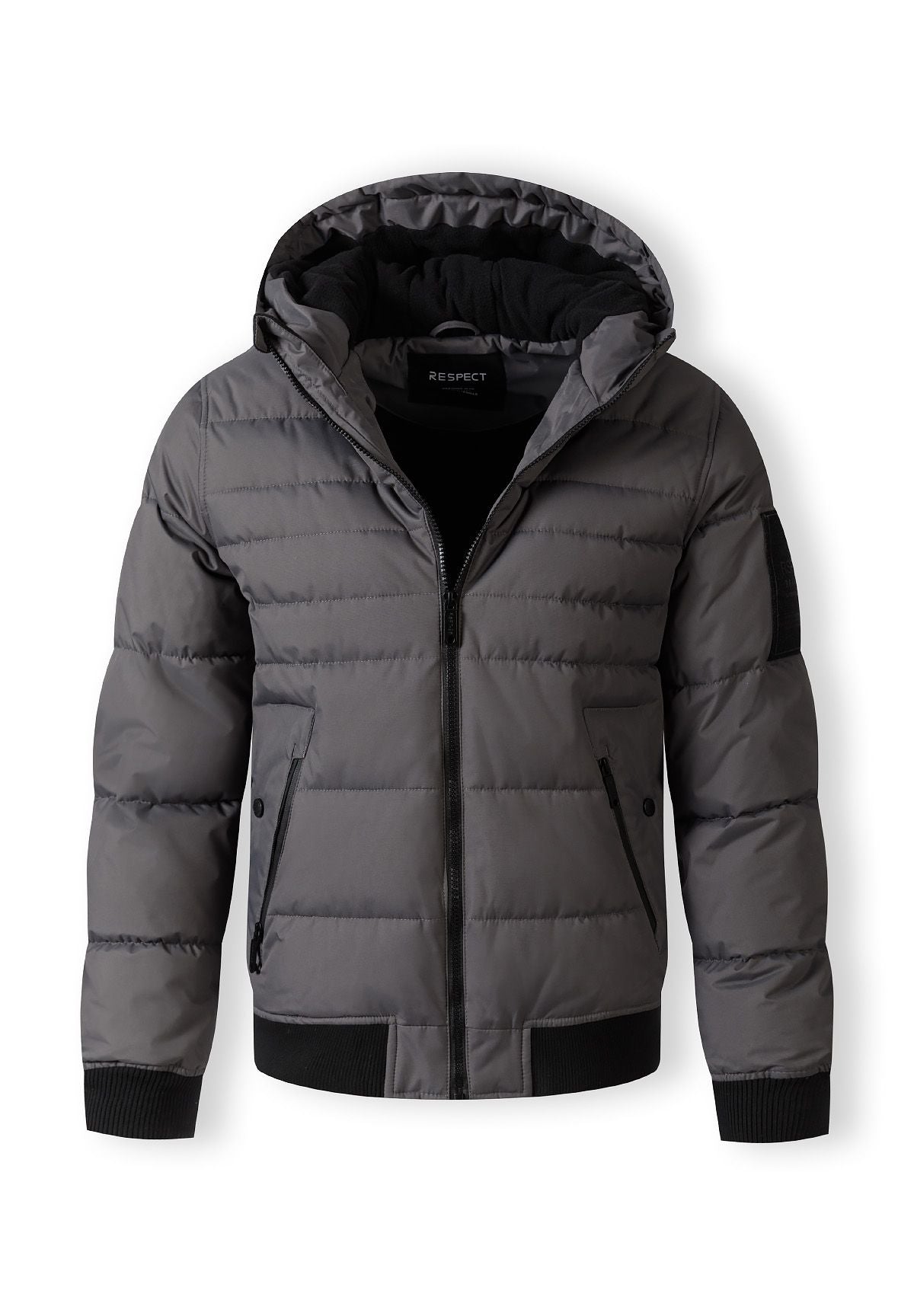 Men's grey padded jacket with hood, featuring zippered front pockets and ribbed cuffs.