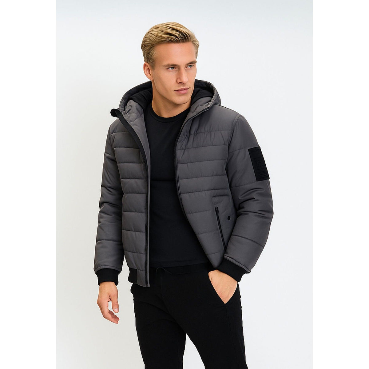 Men's puffer jacket in grey — complete product view for square Shop card