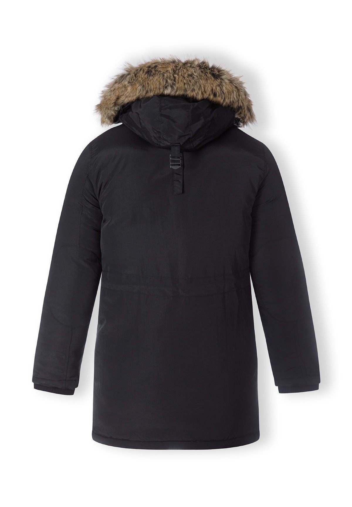 Back view of a black padded parka jacket with faux fur hood.