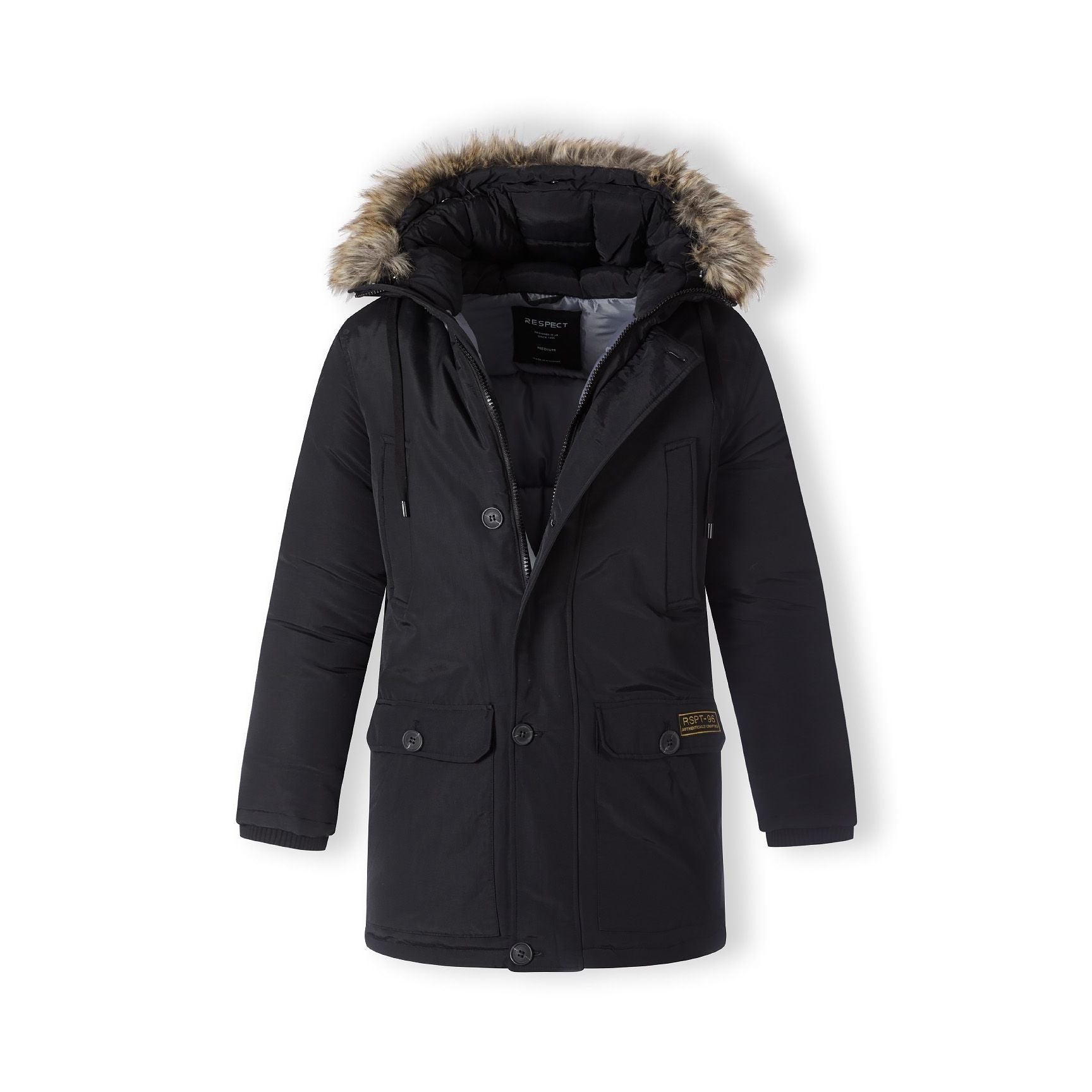 Close-up detail of black jacket pocket with RSPT-96 authentically crafted yellow embroidered patch and button closure