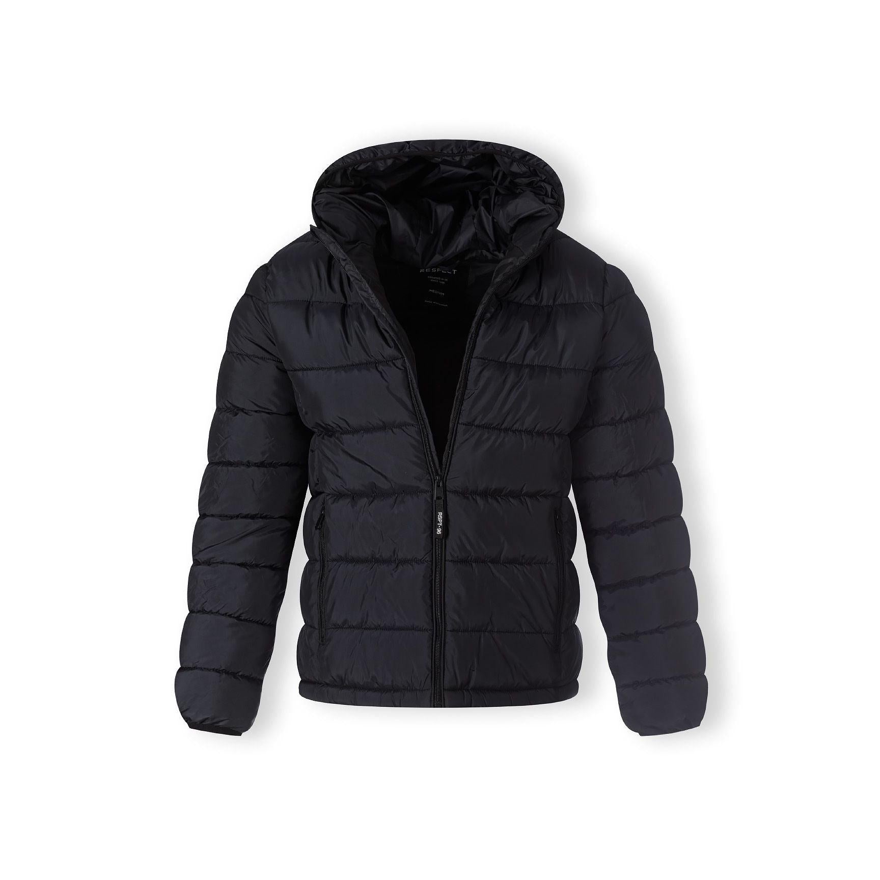 Navy blue padded jacket laid flat showing full silhouette with hood and quilted panels on white background