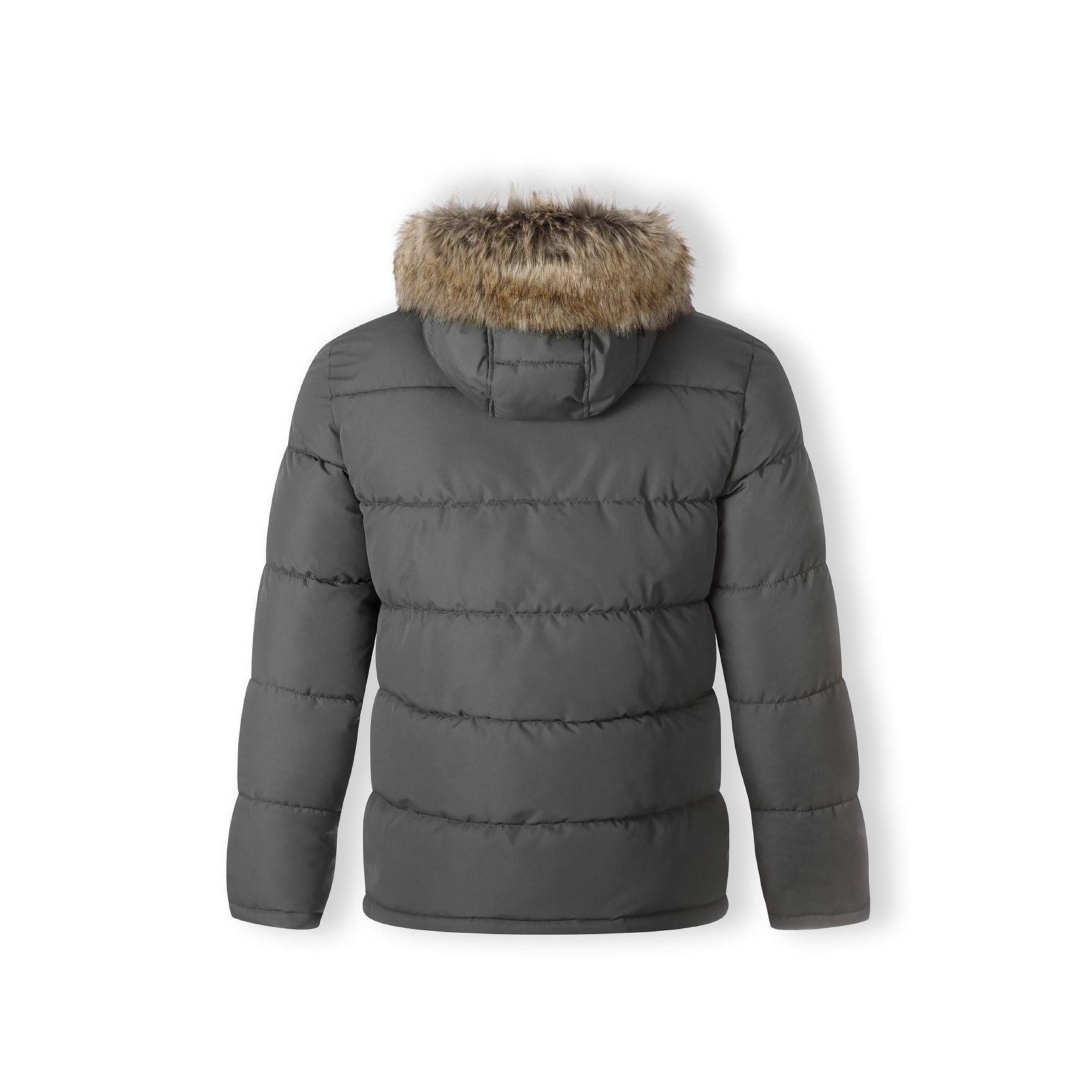 Close-up detail of grey puffer jacket showing zip chest pocket, quilted fabric texture and faux fur hood trim