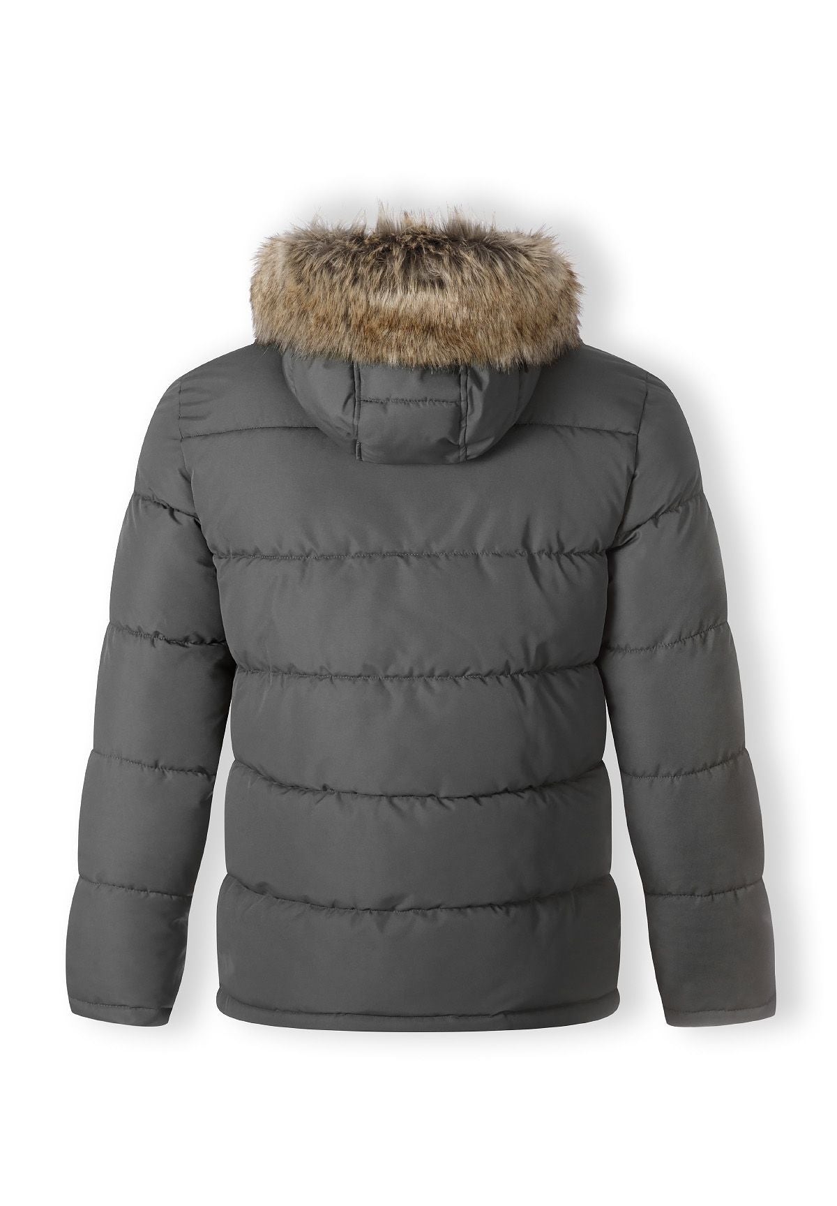 Men's grey padded jacket with faux fur trim, back view, featuring a hood and quilted design.