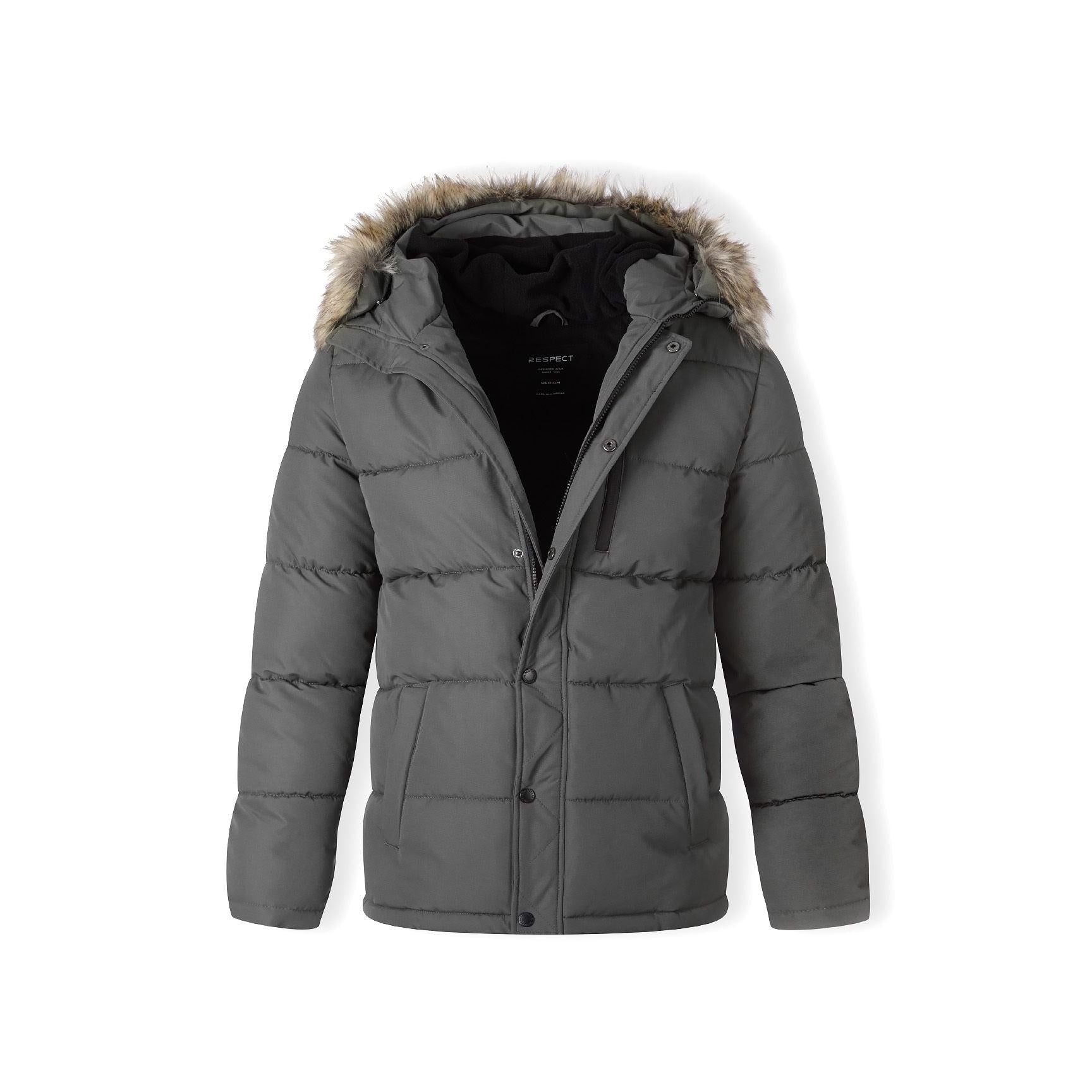 Grey puffer jacket laid flat showing quilted construction, faux fur hood trim, front zip closure and chest pocket detail