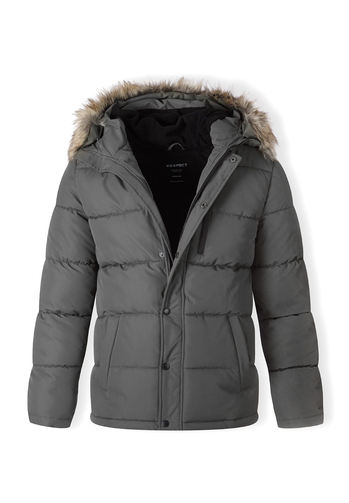 Men's grey padded jacket with faux fur trim, front view, featuring a zip chest pocket and hood.