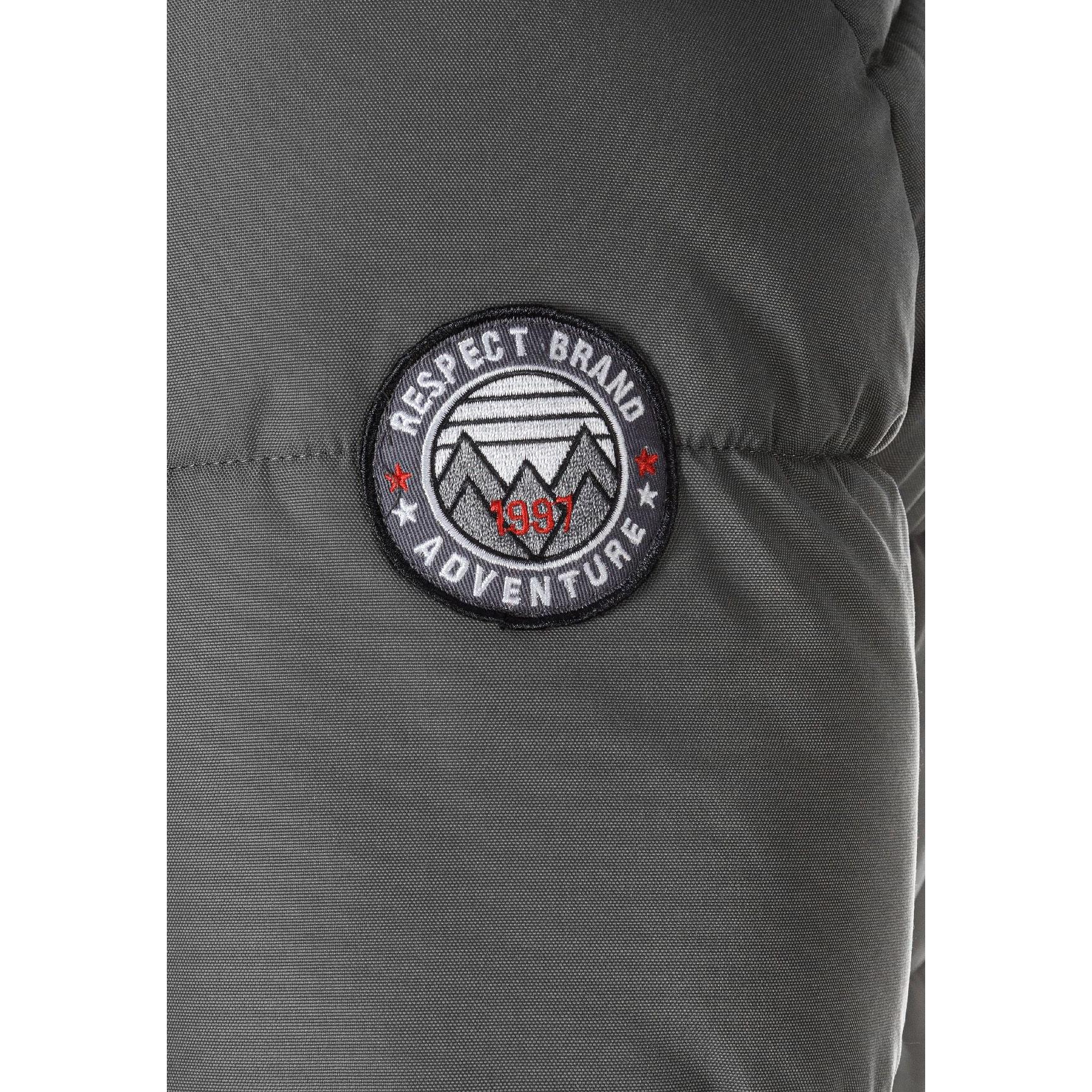 Close-up detail of grey puffer jacket showing zip chest pocket, quilted fabric texture and faux fur hood trim