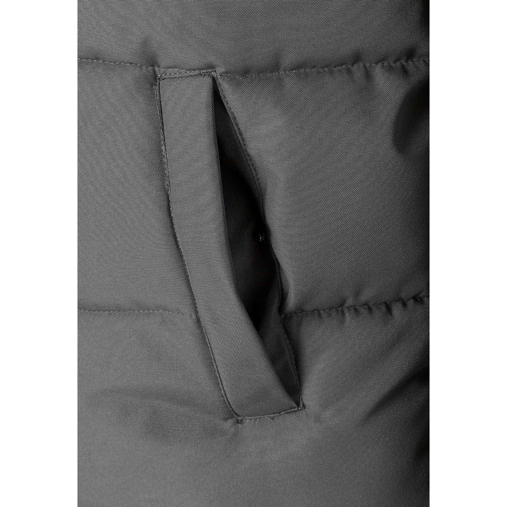 Close-up detail of grey puffer jacket showing zip chest pocket, quilted fabric texture and faux fur hood trim