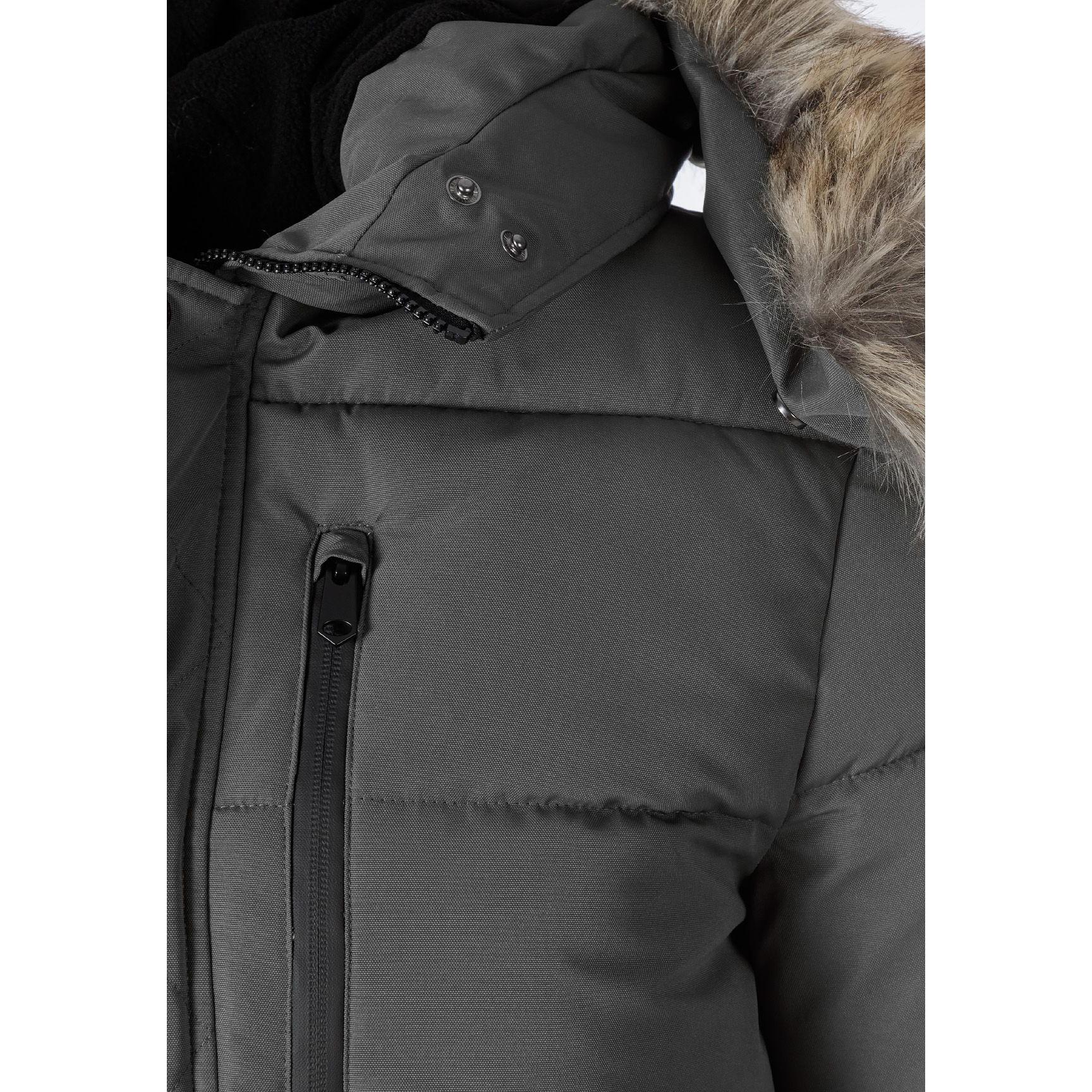 Close-up detail of grey puffer jacket showing zip chest pocket, quilted fabric texture and faux fur hood trim