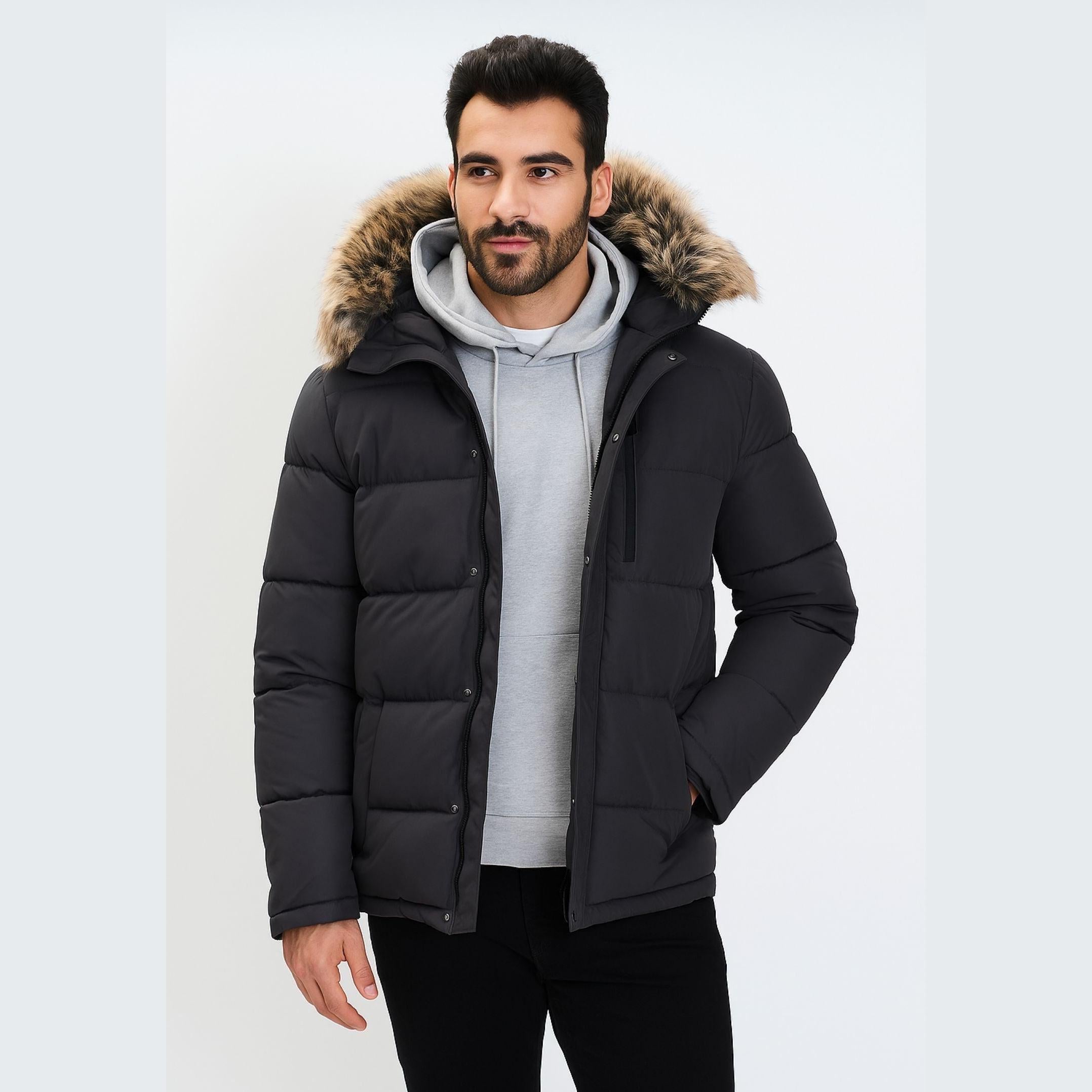Men's grey padded jacket with faux fur trimmed hood, zip chest pocket, and front zip.