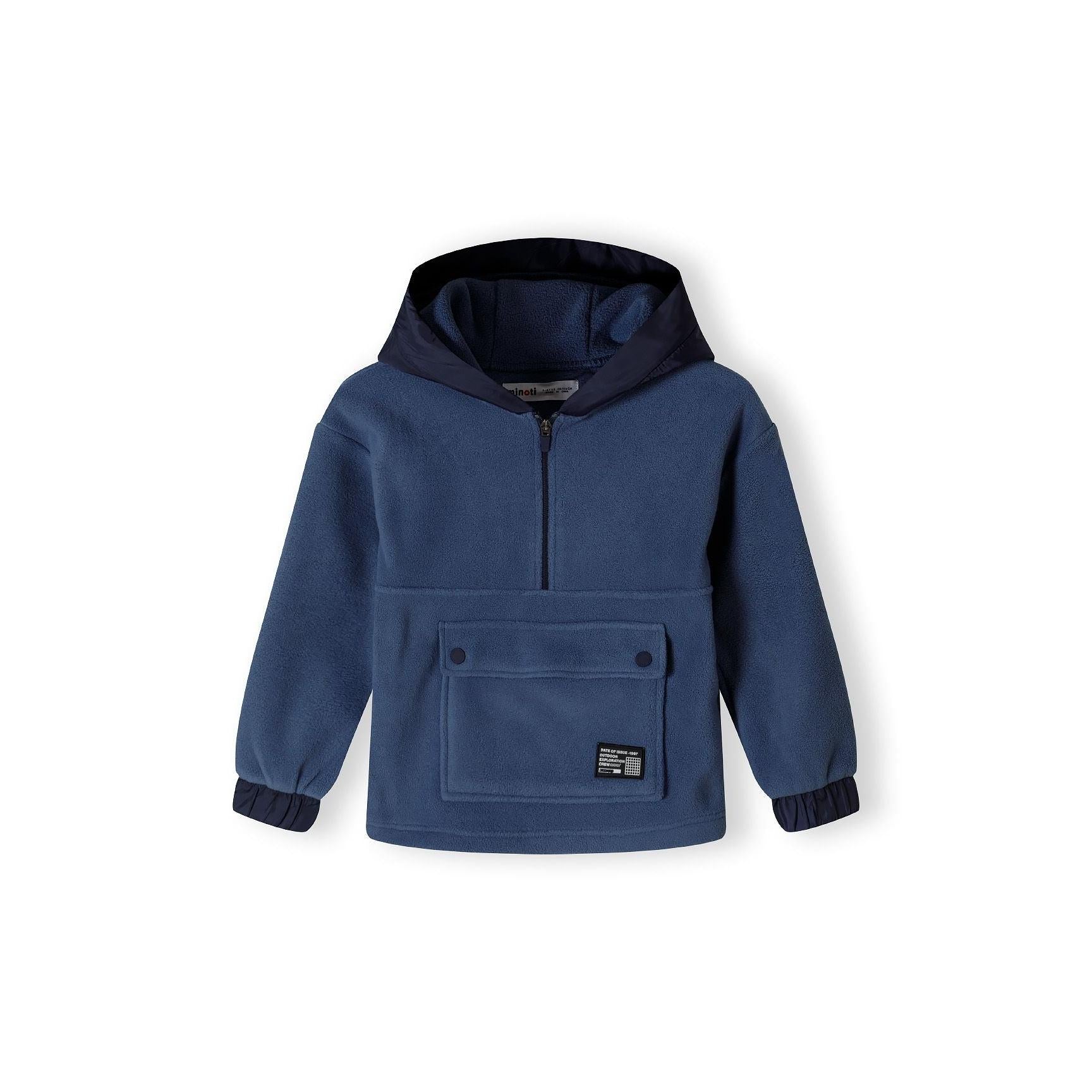Back view of blue microfleece hoodie showing hood design and overall silhouette on white background